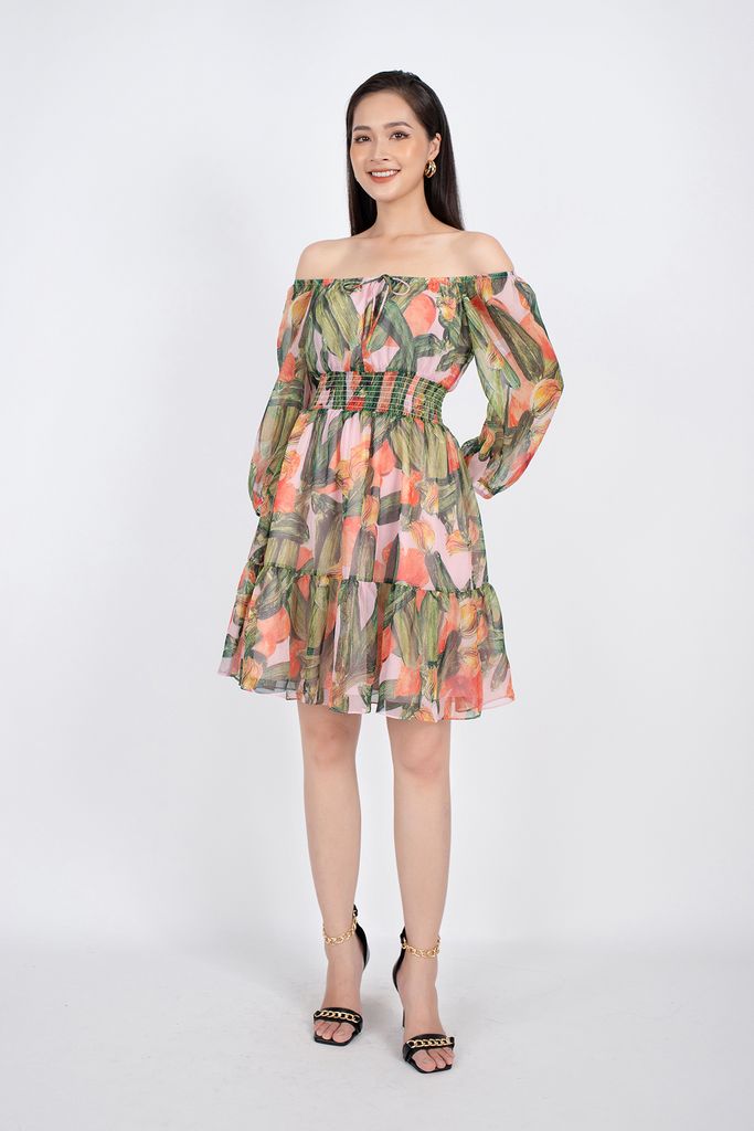 FDP32984 - Đầm dạo phố vải voan dáng Xoè vai trễ rút chun đai eo chạy smocking - PANTIO