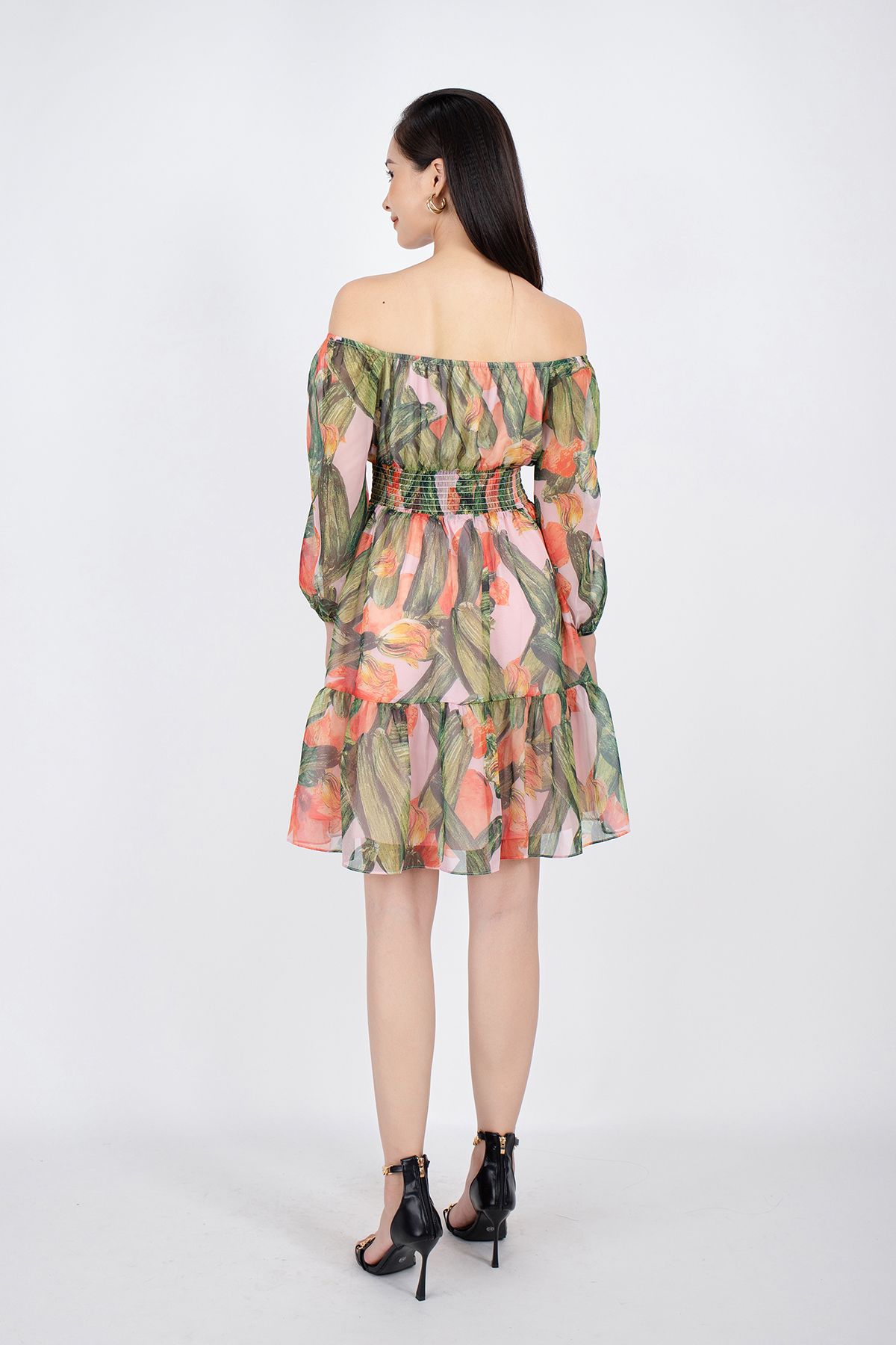 FDP32984 - Đầm dạo phố vải voan dáng Xoè vai trễ rút chun đai eo chạy smocking - PANTIO