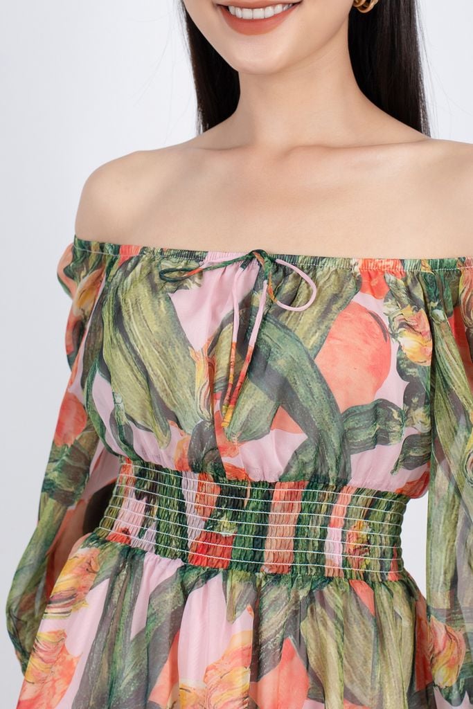 FDP32984 - Đầm dạo phố vải voan dáng Xoè vai trễ rút chun đai eo chạy smocking - PANTIO