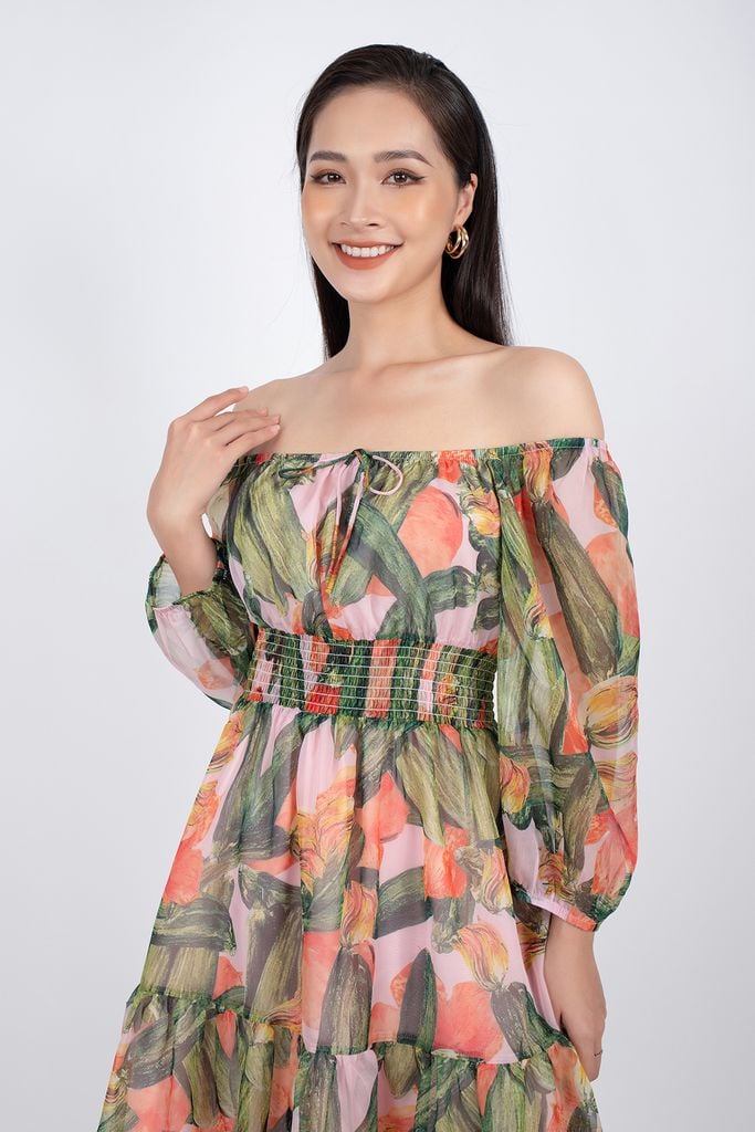 FDP32984 - Đầm dạo phố vải voan dáng Xoè vai trễ rút chun đai eo chạy smocking - PANTIO