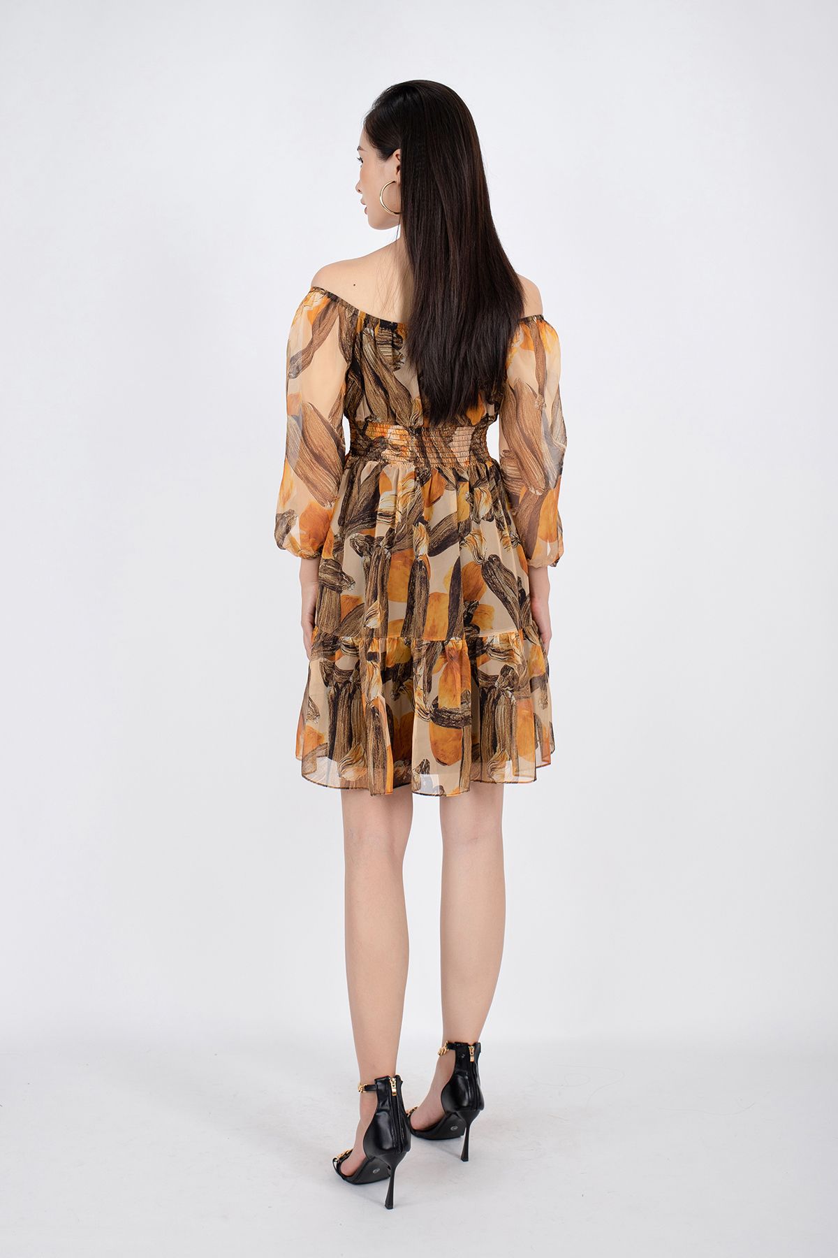 FDP32984 - Đầm dạo phố vải voan dáng Xoè vai trễ rút chun đai eo chạy smocking - PANTIO