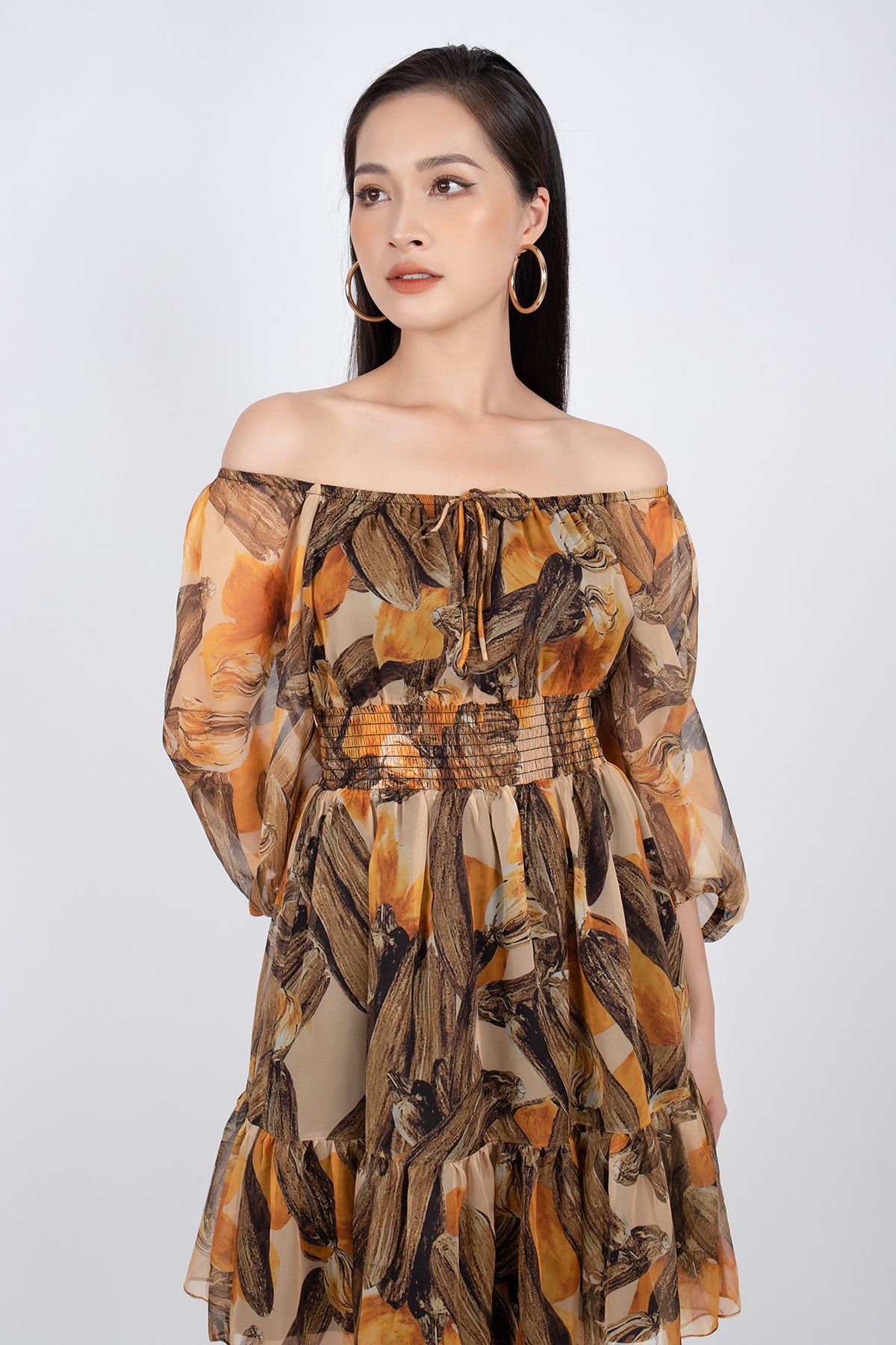 FDP32984 - Đầm dạo phố vải voan dáng Xoè vai trễ rút chun đai eo chạy smocking - PANTIO