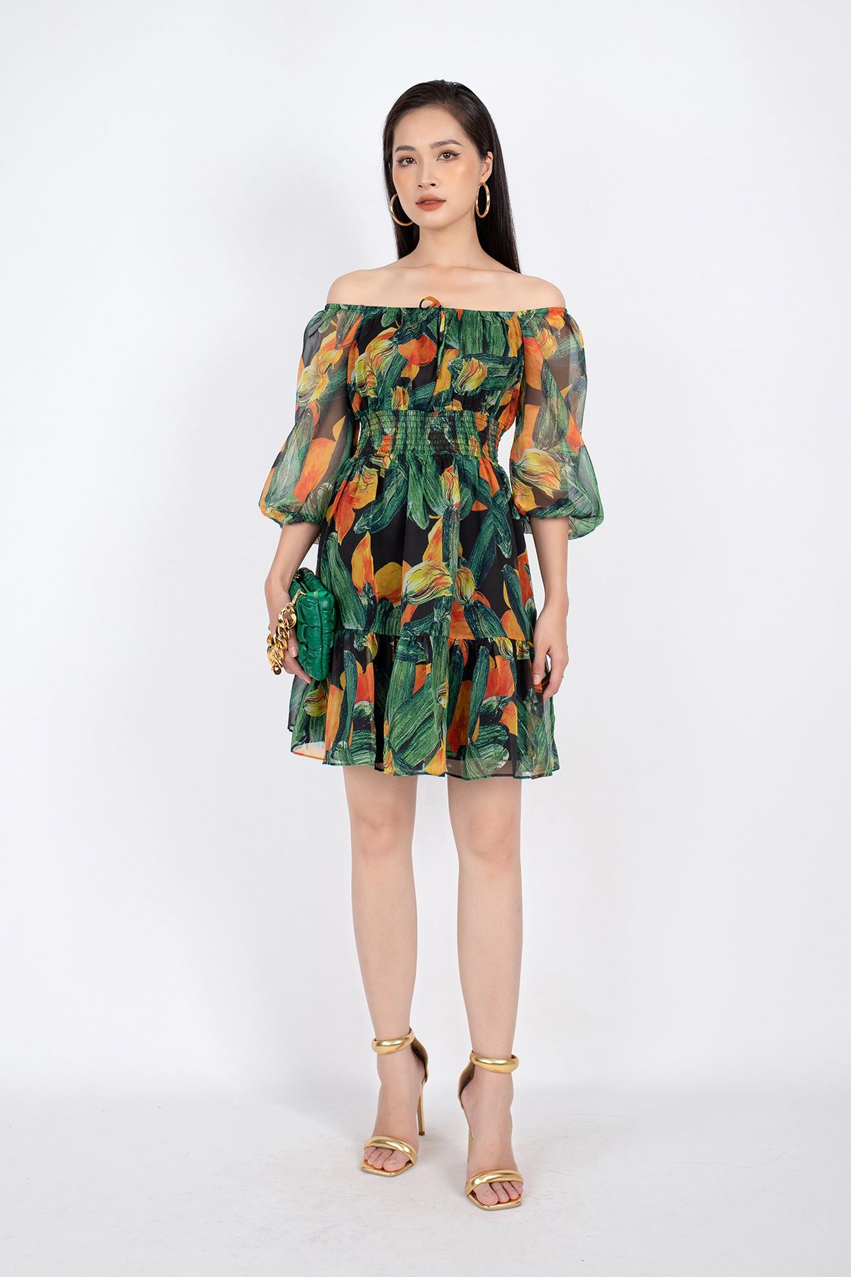 FDP32984 - Đầm dạo phố vải voan dáng Xoè vai trễ rút chun đai eo chạy smocking - PANTIO