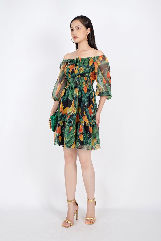 FDP32984 - Đầm dạo phố vải voan dáng Xoè vai trễ rút chun đai eo chạy smocking - PANTIO