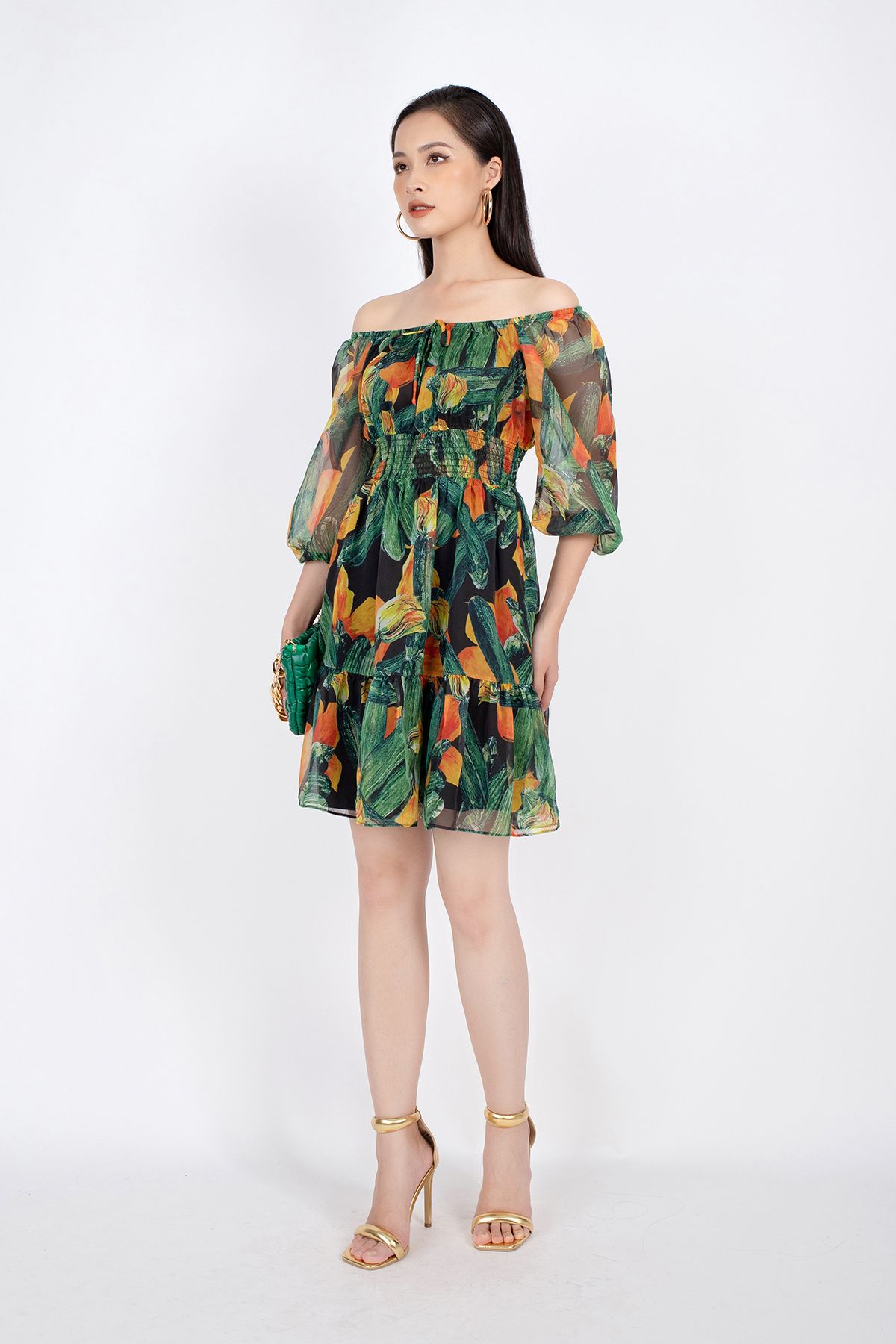 FDP32984 - Đầm dạo phố vải voan dáng Xoè vai trễ rút chun đai eo chạy smocking - PANTIO