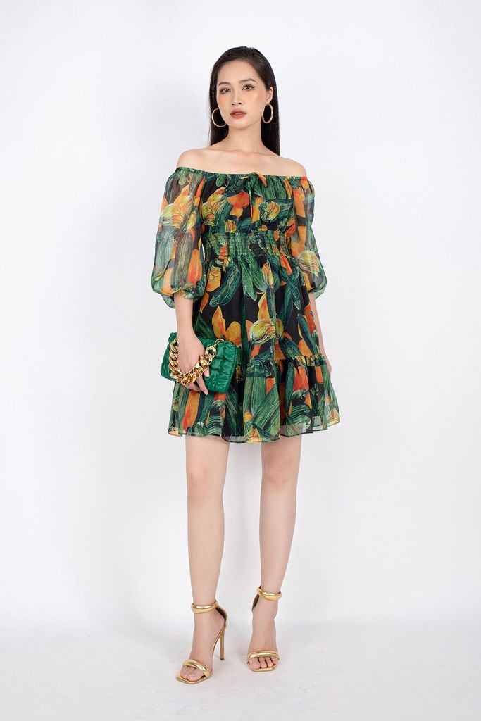 FDP32984 - Đầm dạo phố vải voan dáng Xoè vai trễ rút chun đai eo chạy smocking - PANTIO