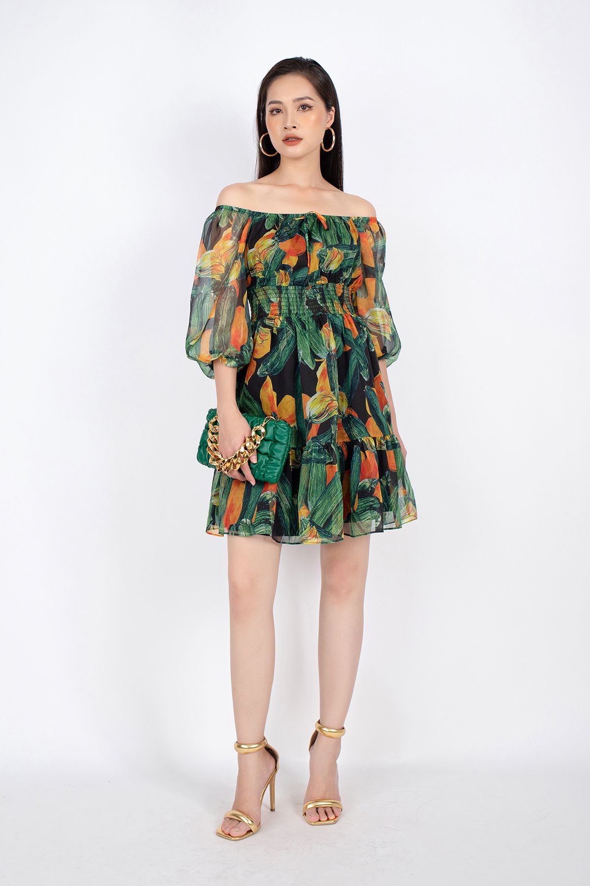 FDP32984 - Đầm dạo phố vải voan dáng Xoè vai trễ rút chun đai eo chạy smocking - PANTIO