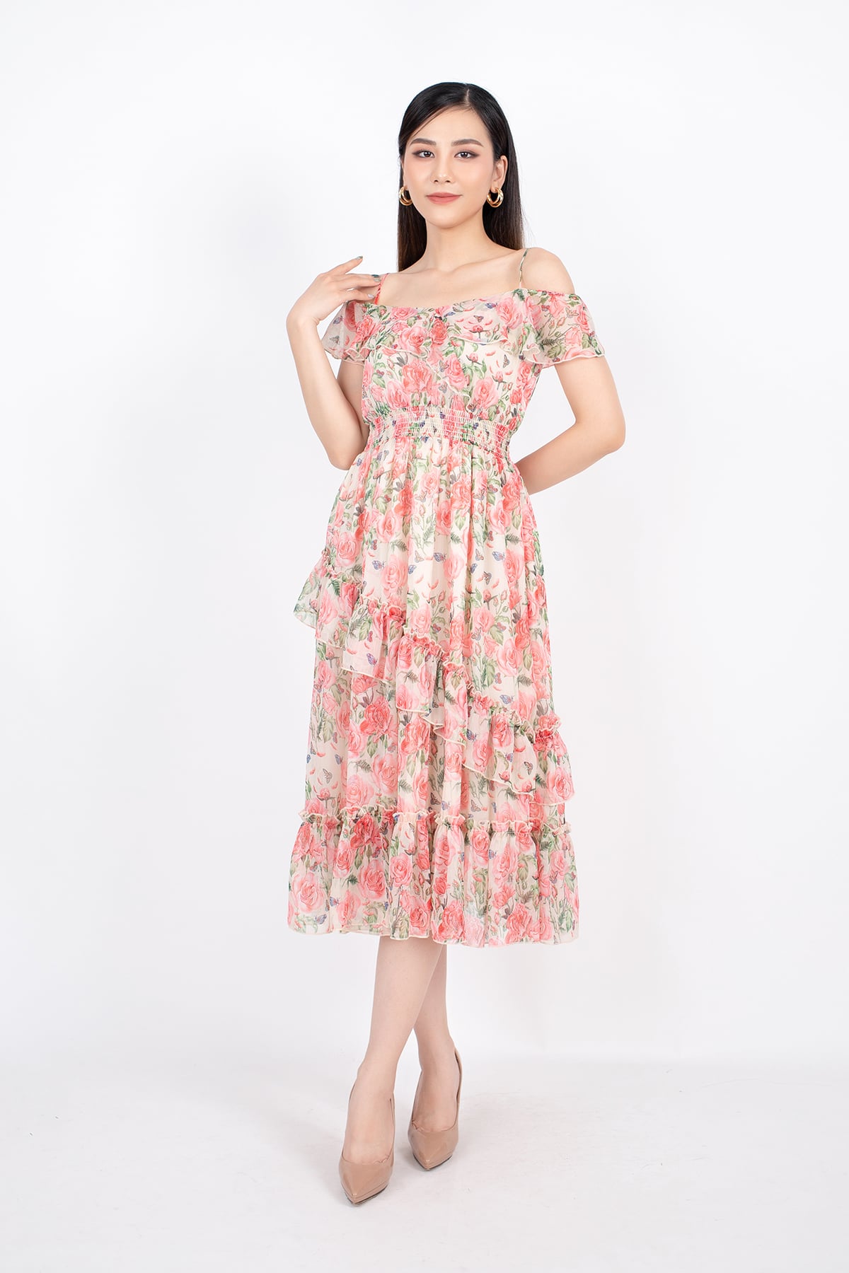 FDP32989 - Đầm dạo phố vải voan dáng Xoè vai trễ chân đổ bèo sóng eo chạy smocking - Pantio.vn