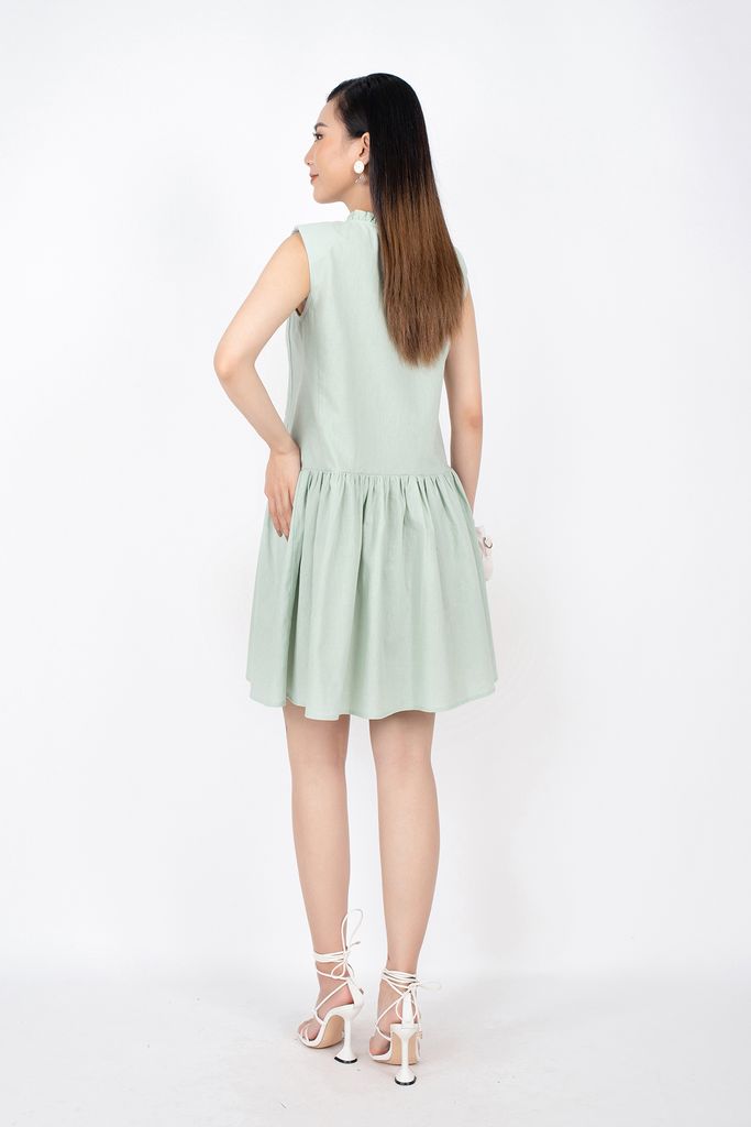 FDP32990 - Đầm dạo phố vải linen dáng Xoè cổ tay xếp bèo thân thêu họa tiết chân váy xếp nếp - PANTIO