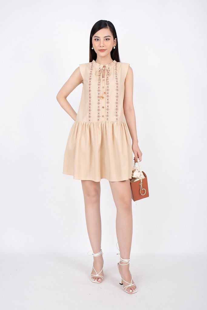 FDP32990 - Đầm dạo phố vải linen dáng Xoè cổ tay xếp bèo thân thêu họa tiết chân váy xếp nếp - PANTIO