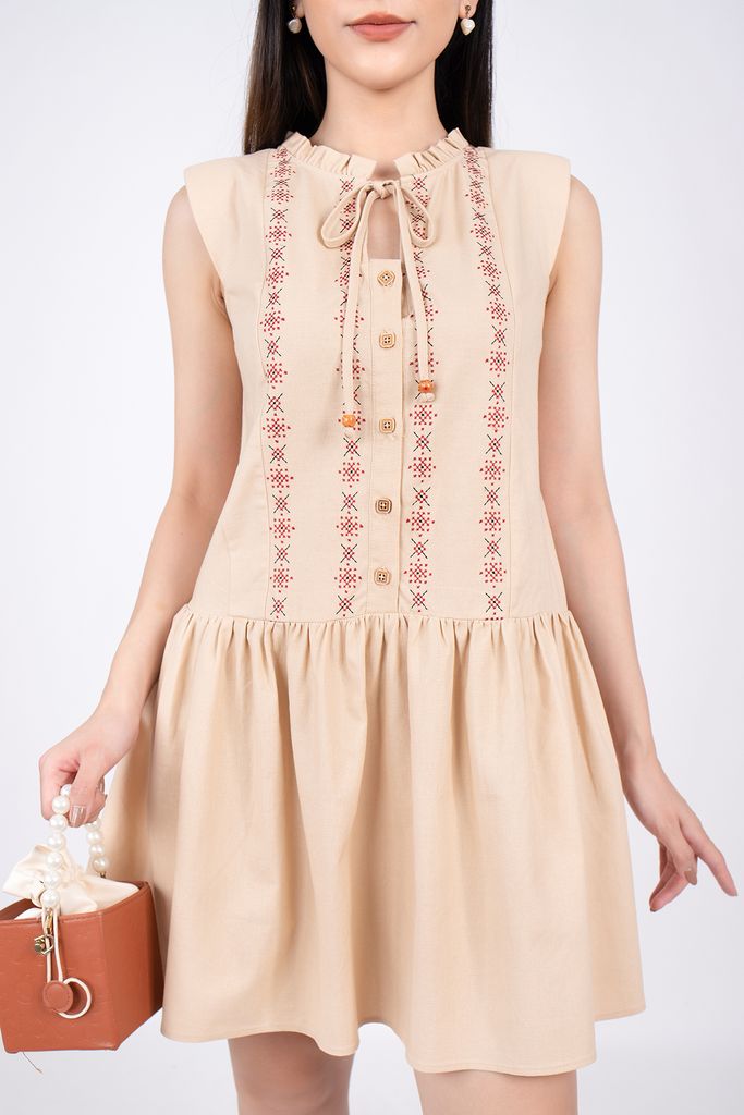 FDP32990 - Đầm dạo phố vải linen dáng Xoè cổ tay xếp bèo thân thêu họa tiết chân váy xếp nếp - PANTIO