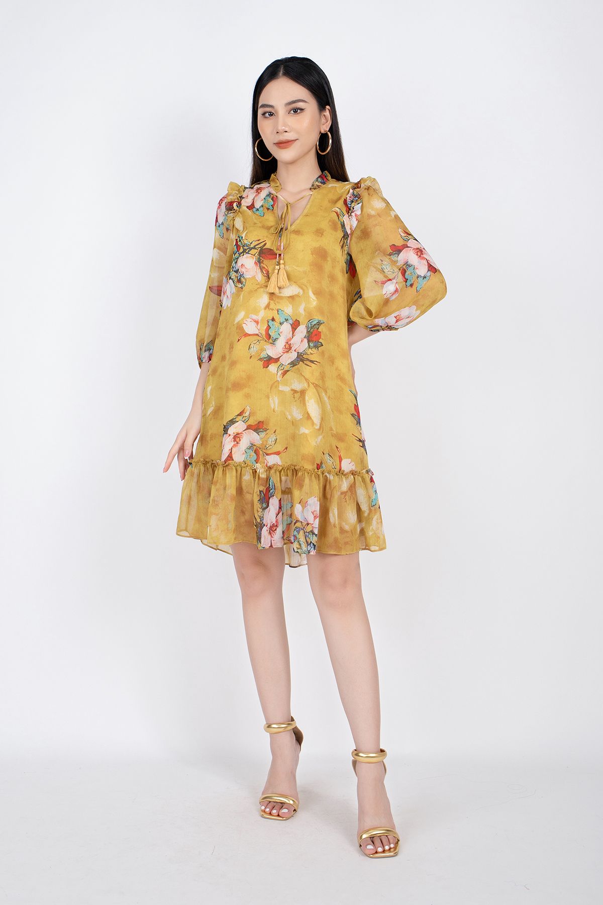 FDP33000 - Đầm dạo phố vải voan dáng suông chân xòe xếp bèo cổ xếp nếp buộc nơ tay lỡ bo chun - PANTIO