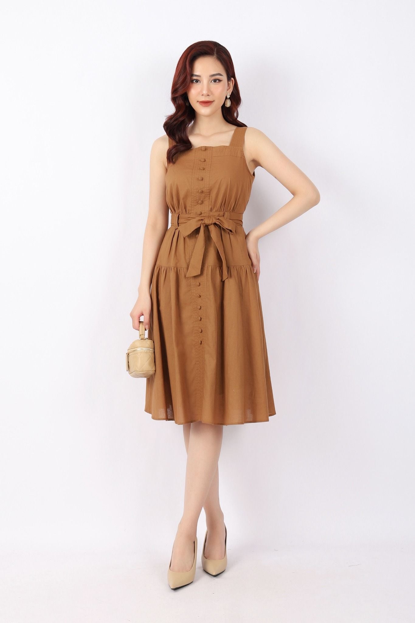 FDP33071 - Đầm dạo phố vải linen dáng Xoè cổ vuông thân ngực đính cúc bọc trang trí kèm đai thắt nơ tạo kiểu - PANTIO