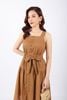 FDP33071 - Đầm dạo phố vải linen dáng Xoè cổ vuông thân ngực đính cúc bọc trang trí kèm đai thắt nơ tạo kiểu - PANTIO
