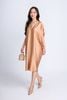 FDP33072 - Đầm dạo phố vải lụa satin dáng bom cổ V tay liền vai chờm kèm hoa cài áo trang trí - PANTIO