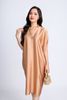 FDP33072 - Đầm dạo phố vải lụa satin dáng bom cổ V tay liền vai chờm kèm hoa cài áo trang trí - PANTIO