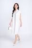 FDP33072 - Đầm dạo phố vải lụa satin dáng bom cổ V tay liền vai chờm kèm hoa cài áo trang trí - PANTIO