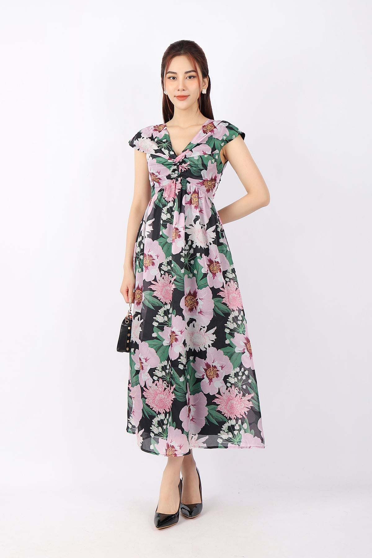 FDP33077 - Đầm dạo phố vải tơ dáng Xoè cổ V ngực xếp xoắn tạo kiểu khóa thân sau - PANTIO