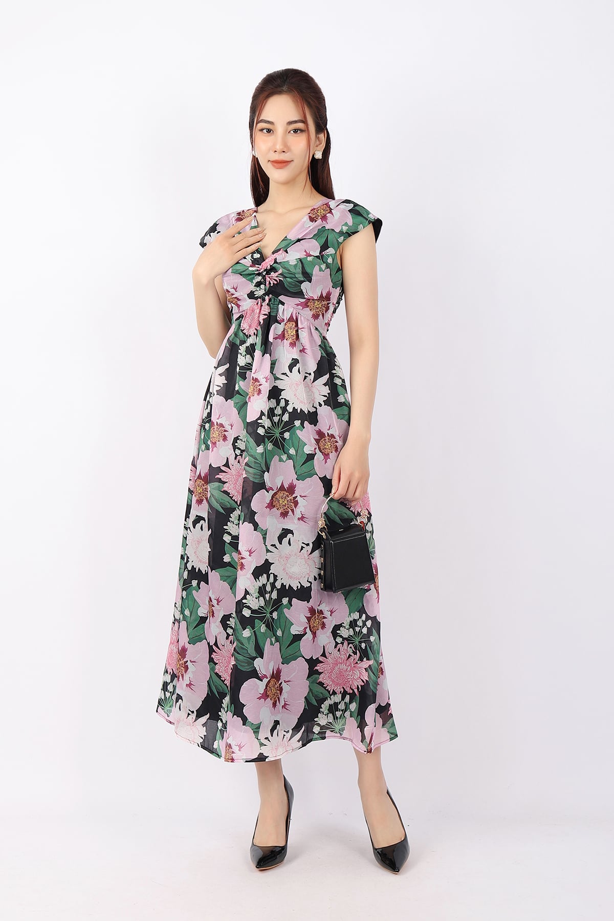 FDP33077 - Đầm dạo phố vải tơ dáng Xoè cổ V ngực xếp xoắn tạo kiểu khóa thân sau - PANTIO