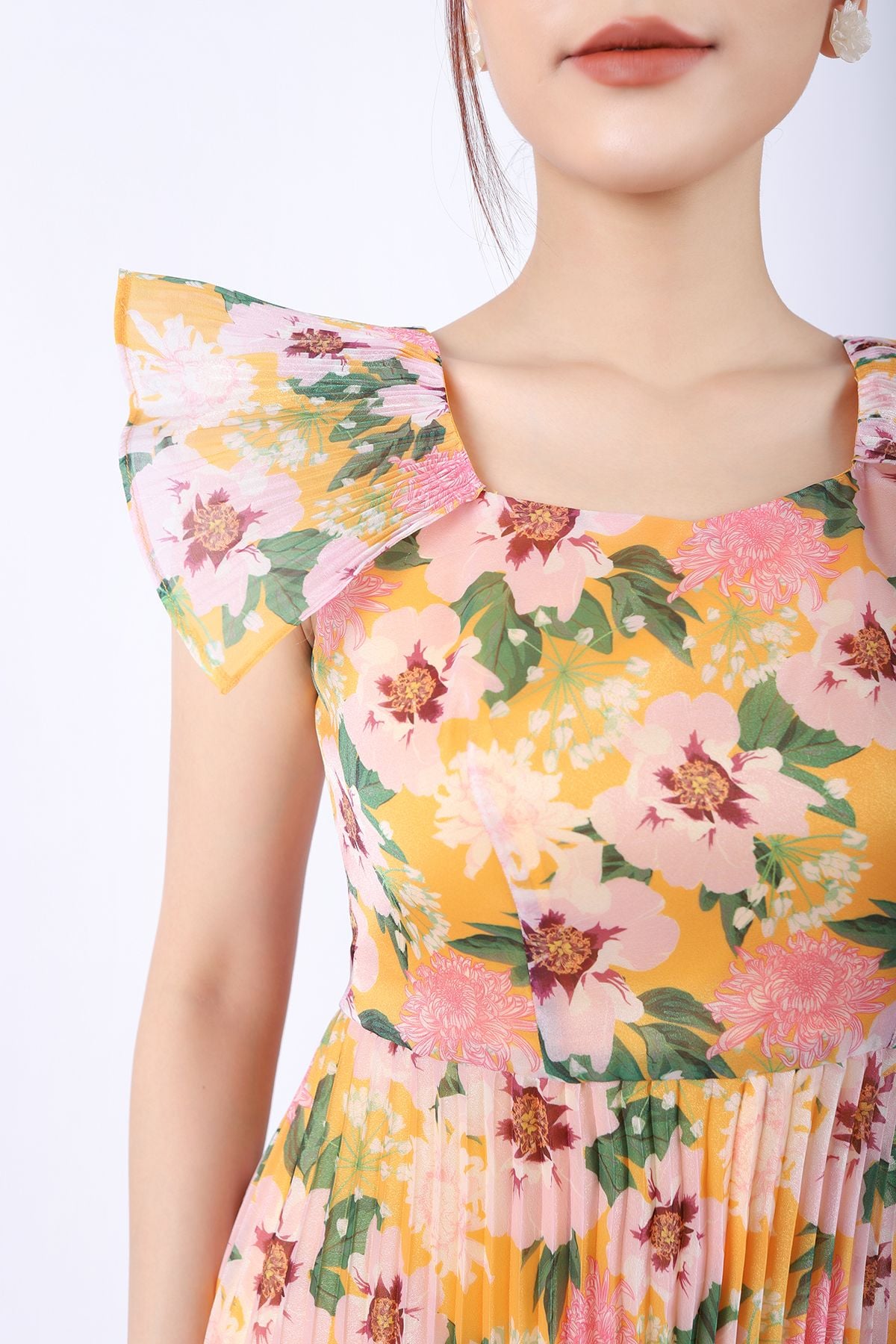 FDP33079 - Đầm dạo phố vải tơ dáng Xoè chân rập ly cổ vuông tay cánh tiên khóa thân sau - PANTIO