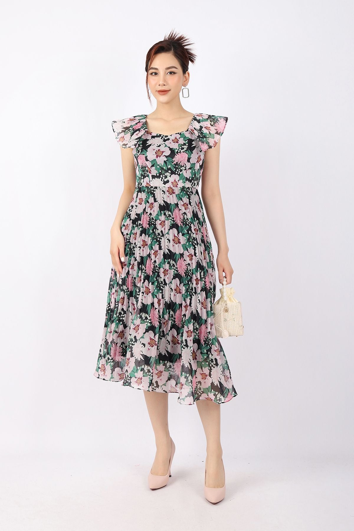 FDP33079 - Đầm dạo phố vải tơ dáng Xoè chân rập ly cổ vuông tay cánh tiên khóa thân sau - PANTIO