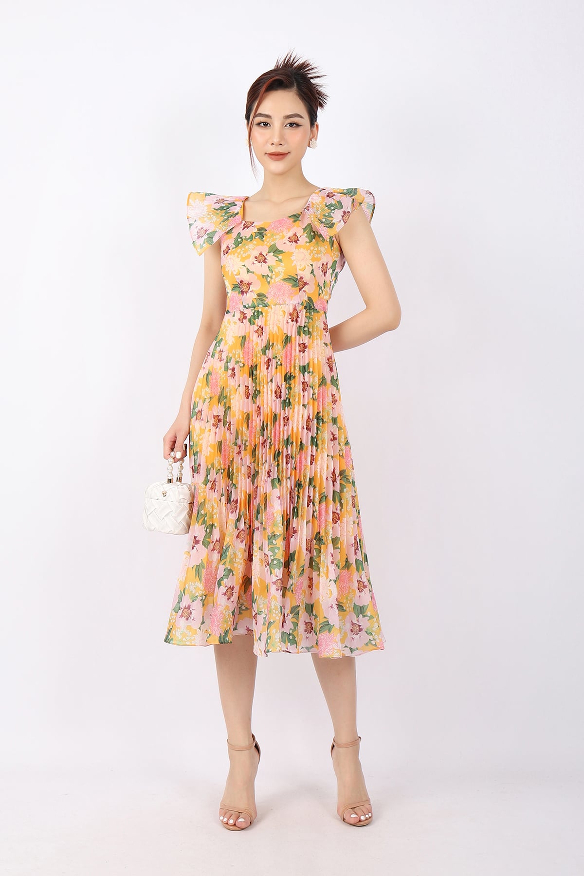 FDP33079 - Đầm dạo phố vải tơ dáng Xoè chân rập ly cổ vuông tay cánh tiên khóa thân sau - PANTIO