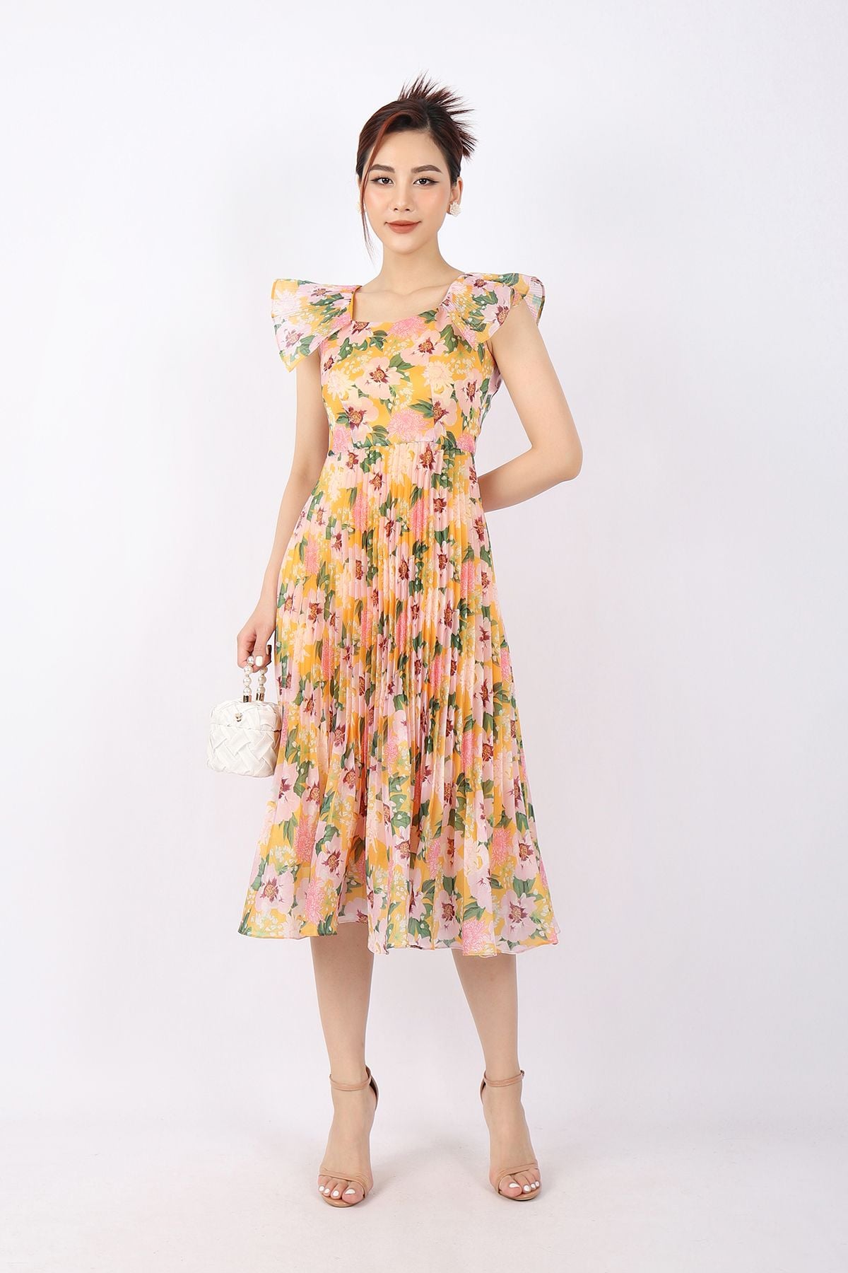 FDP33079 - Đầm dạo phố vải tơ dáng Xoè chân rập ly cổ vuông tay cánh tiên khóa thân sau - PANTIO