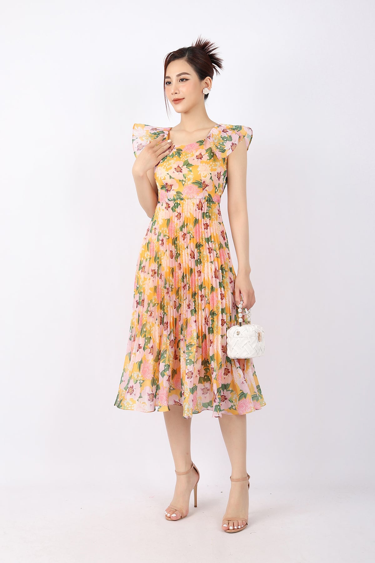 FDP33079 - Đầm dạo phố vải tơ dáng Xoè chân rập ly cổ vuông tay cánh tiên khóa thân sau - PANTIO