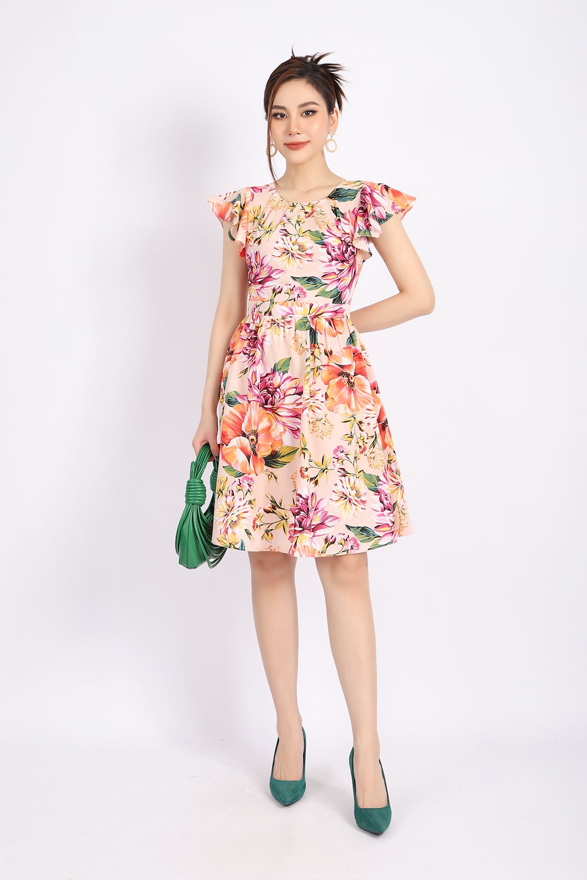 FDP33093 - Đầm dạo phố vải thô dáng Xoè chân xếp ly tay cánh tiên thân sau phối chun khóa cạnh sườn - PANTIO