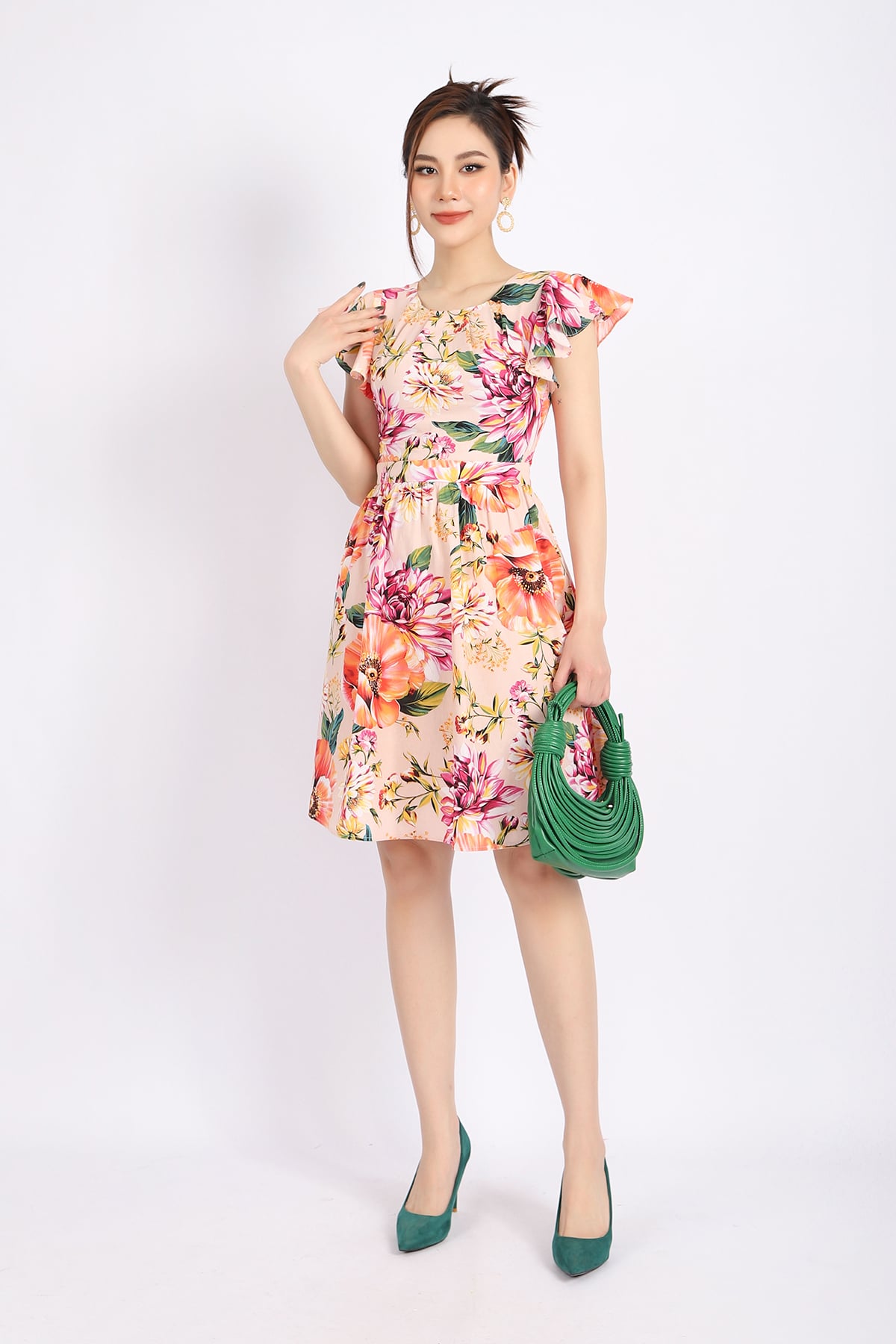 FDP33093 - Đầm dạo phố vải thô dáng Xoè chân xếp ly tay cánh tiên thân sau phối chun khóa cạnh sườn - PANTIO