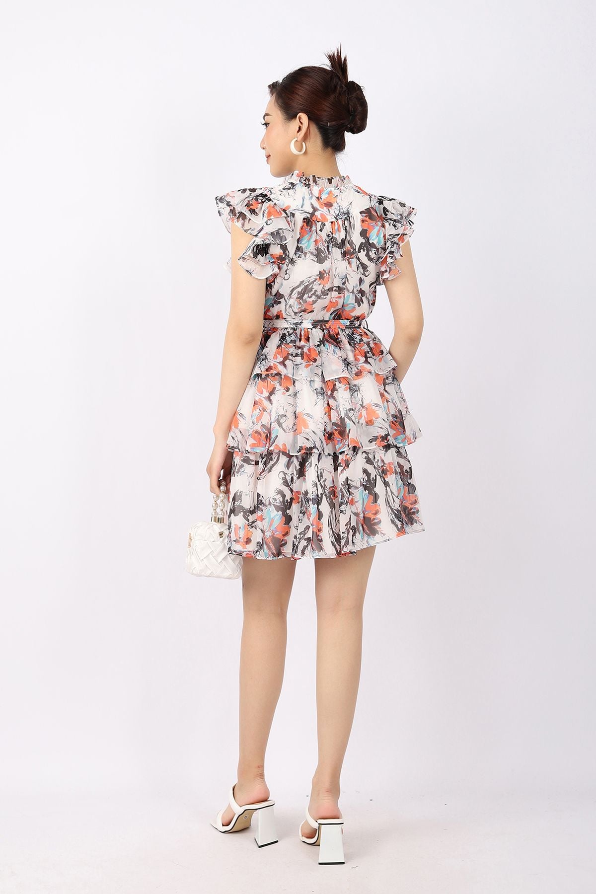 FDP33102 - Đầm dạo phố vải tơ dáng Xoè chân xếp bèo tầng tay cánh tiên kèo đai cùng vải tạo kiểu - PANTIO