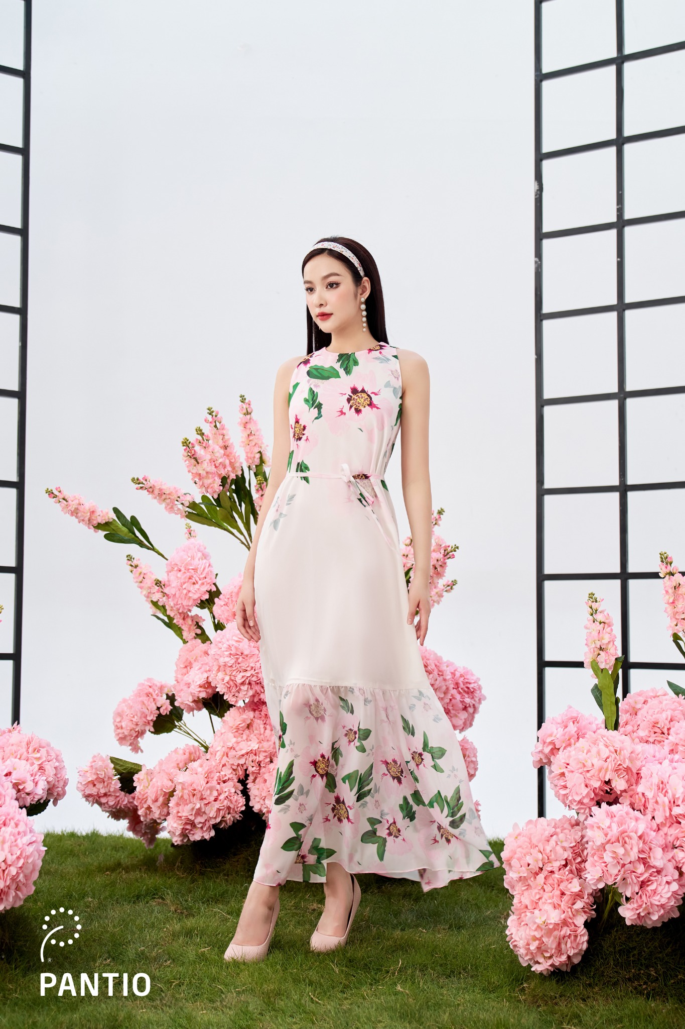 FDP33103 - Đầm dạo phố vải chiffon dáng Xoè cổ tròn thân phối họa tiết in kèm đai tạo kiểu - PANTIO