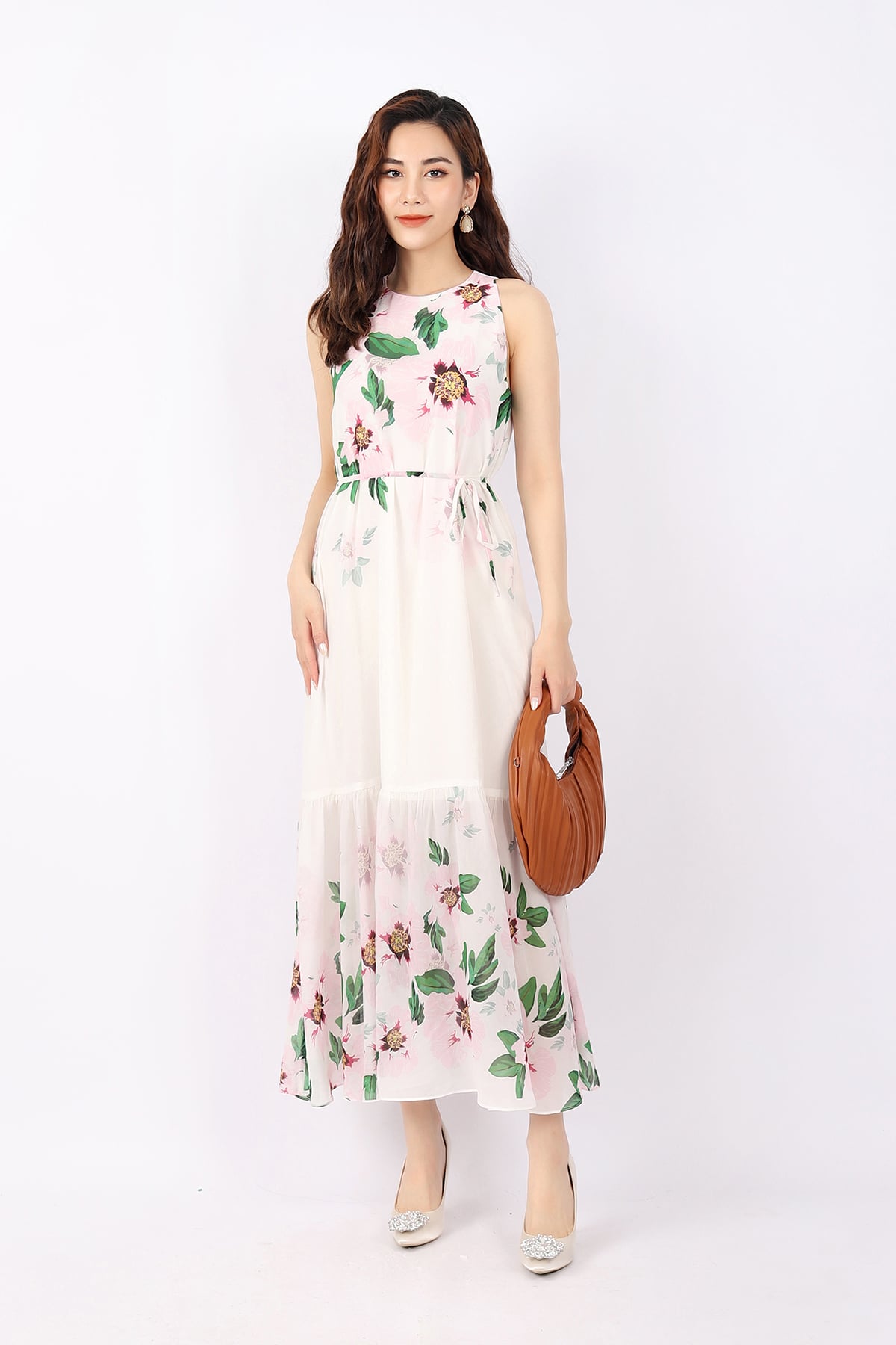 FDP33103 - Đầm dạo phố vải chiffon dáng Xoè cổ tròn thân phối họa tiết in kèm đai tạo kiểu - PANTIO