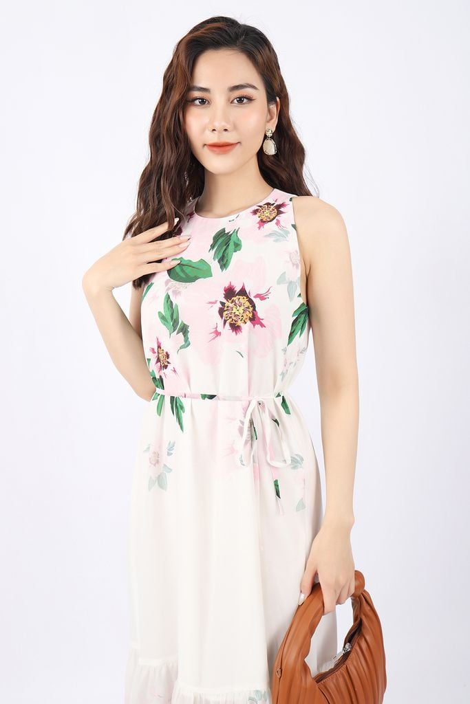 FDP33103 - Đầm dạo phố vải chiffon dáng xòe cổ tròn thân phối họa tiết in kèm đai tạo kiểu - PANTIO