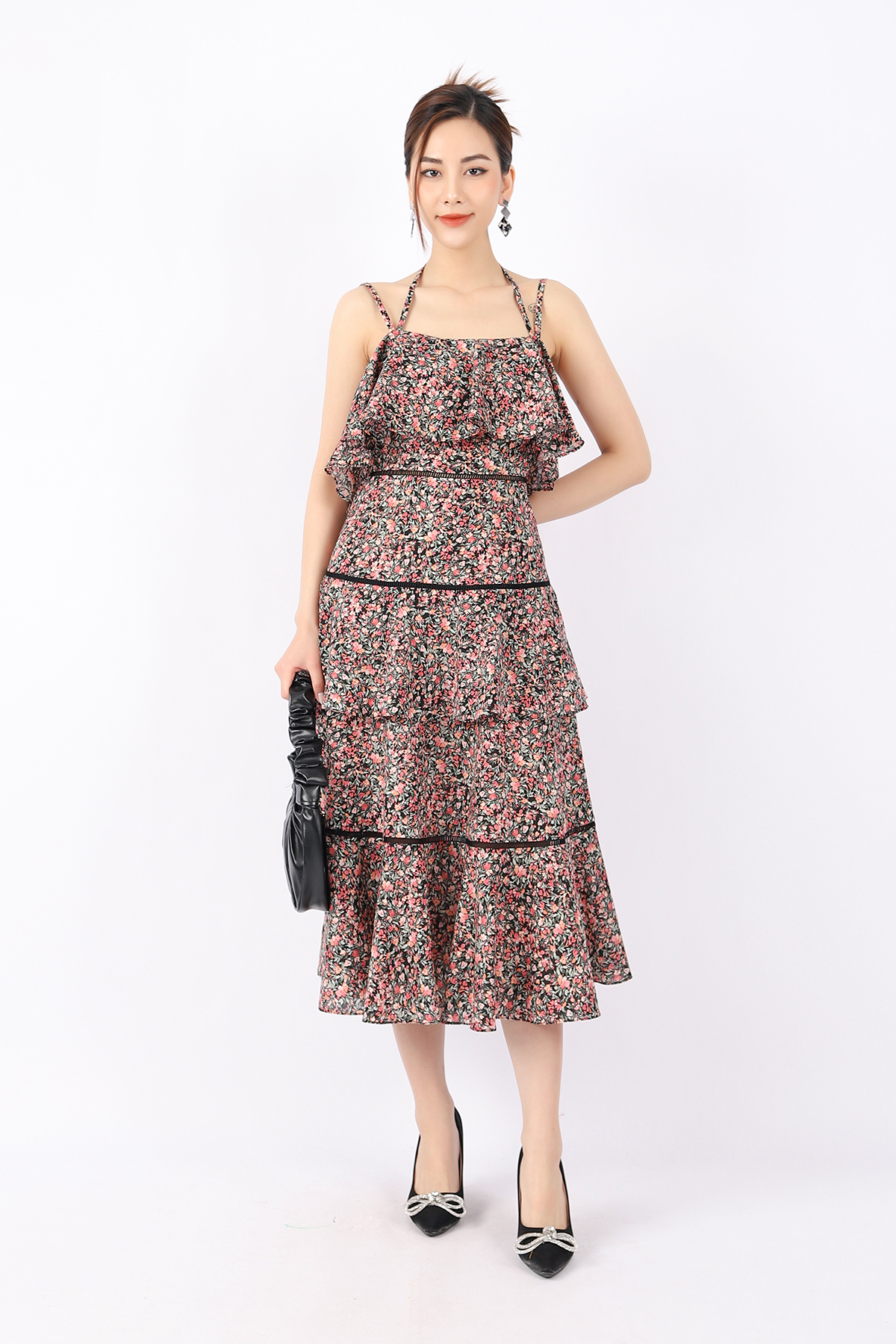 FDP33126 - Đầm dạo phố vải thô dáng Xoè ngực đổ bèo thân phối dây ren tạo kiểu - PANTIO