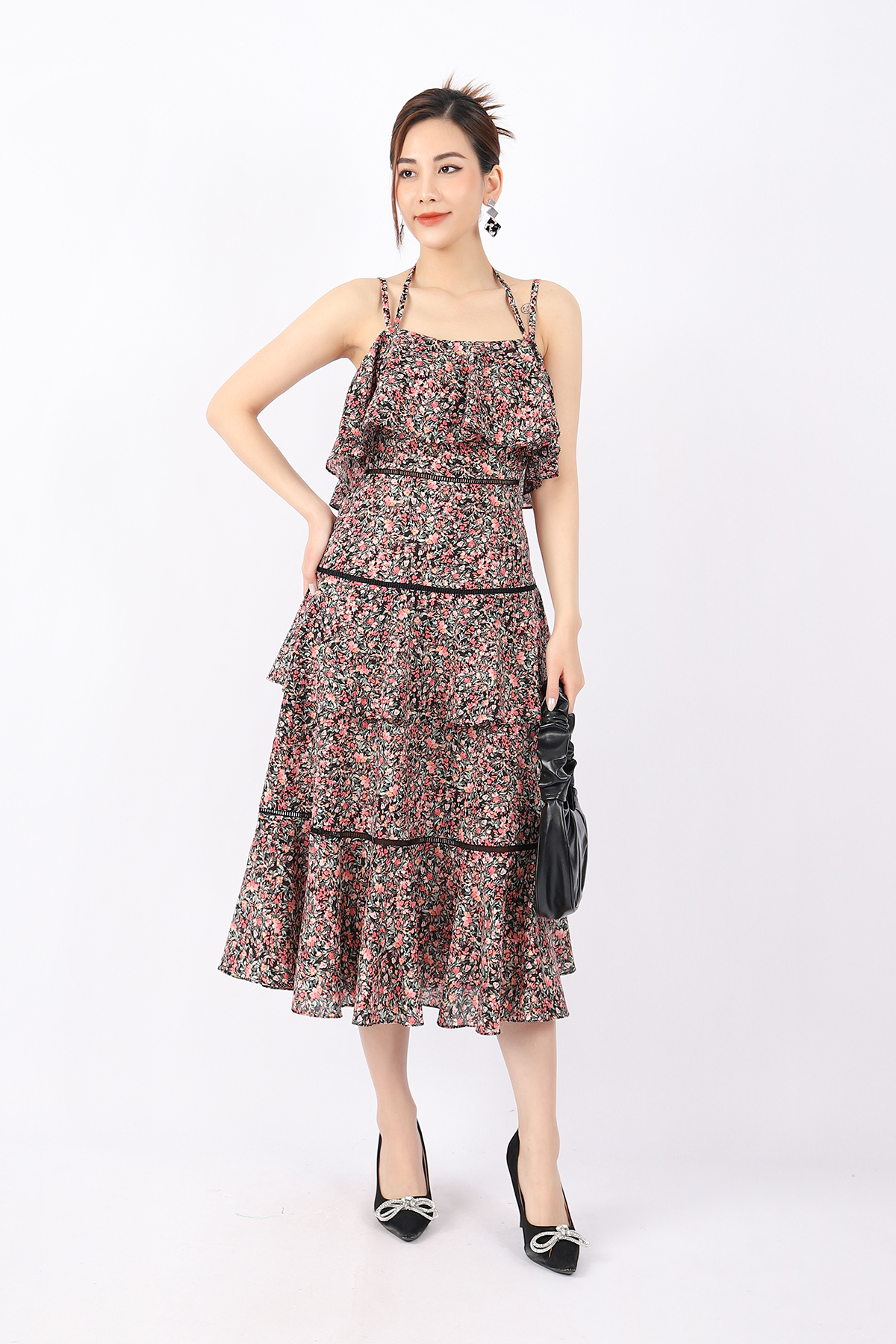 FDP33126 - Đầm dạo phố vải thô dáng Xoè ngực đổ bèo thân phối dây ren tạo kiểu - PANTIO