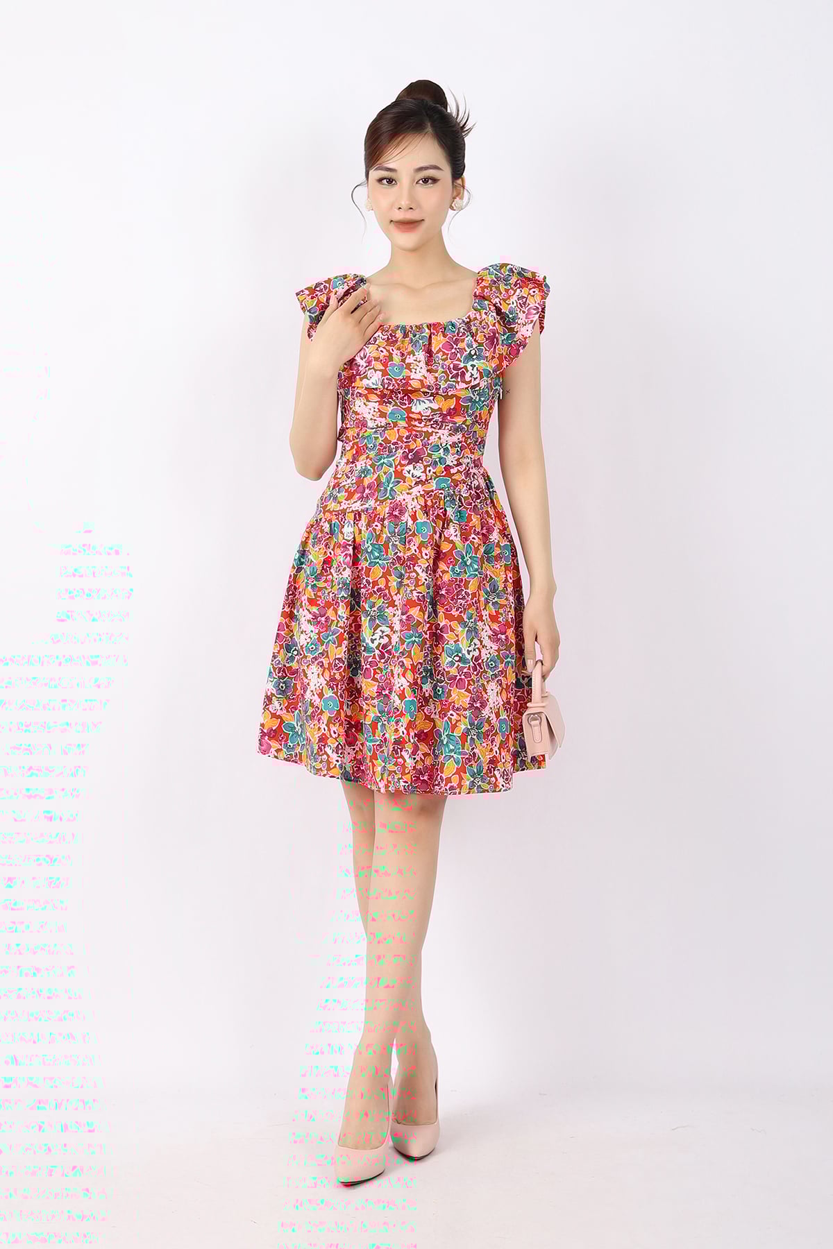 FDP33127 - Đầm dạo phố vải thô dáng Xoè cổ vuông nhún eo xếp nếp tạo kiểu khóa thân sau - PANTIO