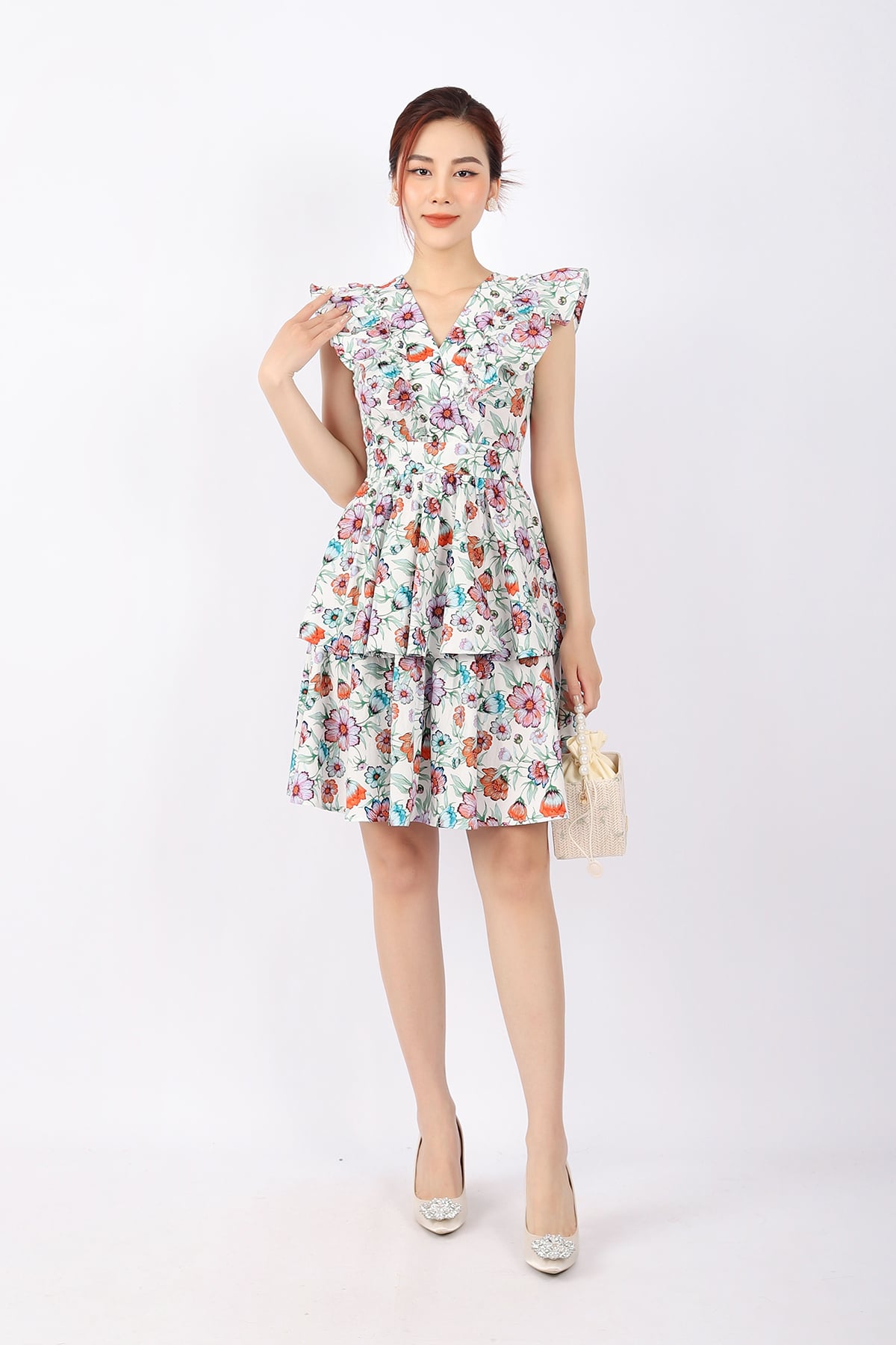 FDP33128 - Đầm dạo phố vải thô dáng Xoè chân xếp tầng cổ V xếp nhún tay cánh tiên khóa thân sau - PANTIO