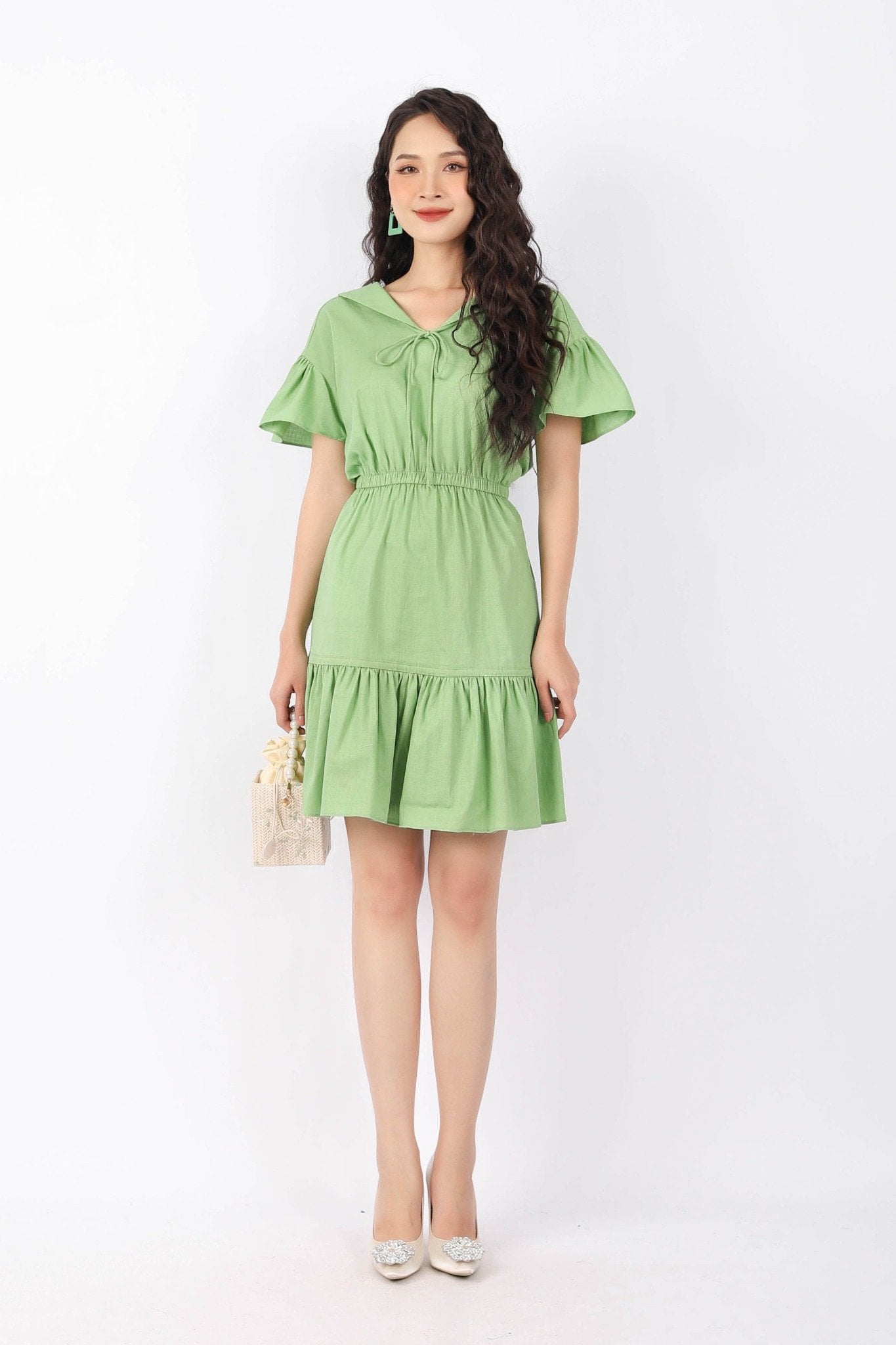 FDP33130 - Đầm dạo phố vải linen dáng Xoè cổ bẻ buộc nơ vai chờm tay cánh tiên eo bo chun tạo kiểu - PANTIO