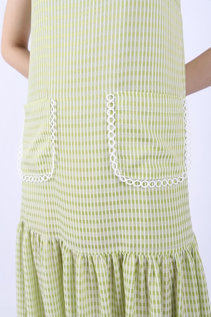 FDP33139 - Đầm dạo phố vải chiffon dáng Xoè cổ tròn viền vai và túi phối dây ren tạo kiểu - PANTIO