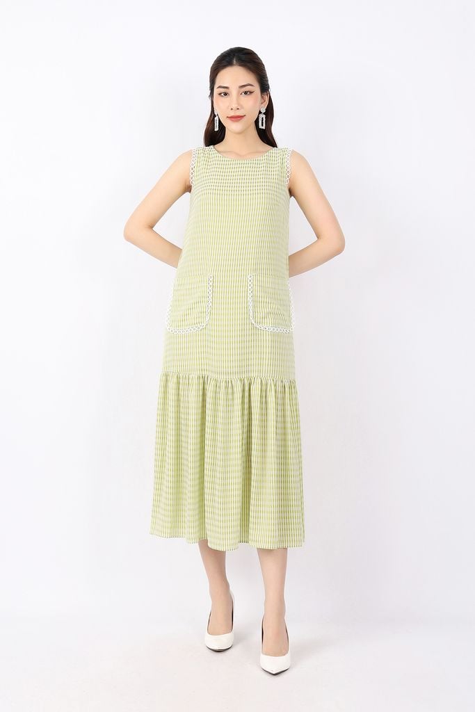 FDP33139 - Đầm dạo phố vải chiffon dáng Xoè cổ tròn viền vai và túi phối dây ren tạo kiểu - PANTIO