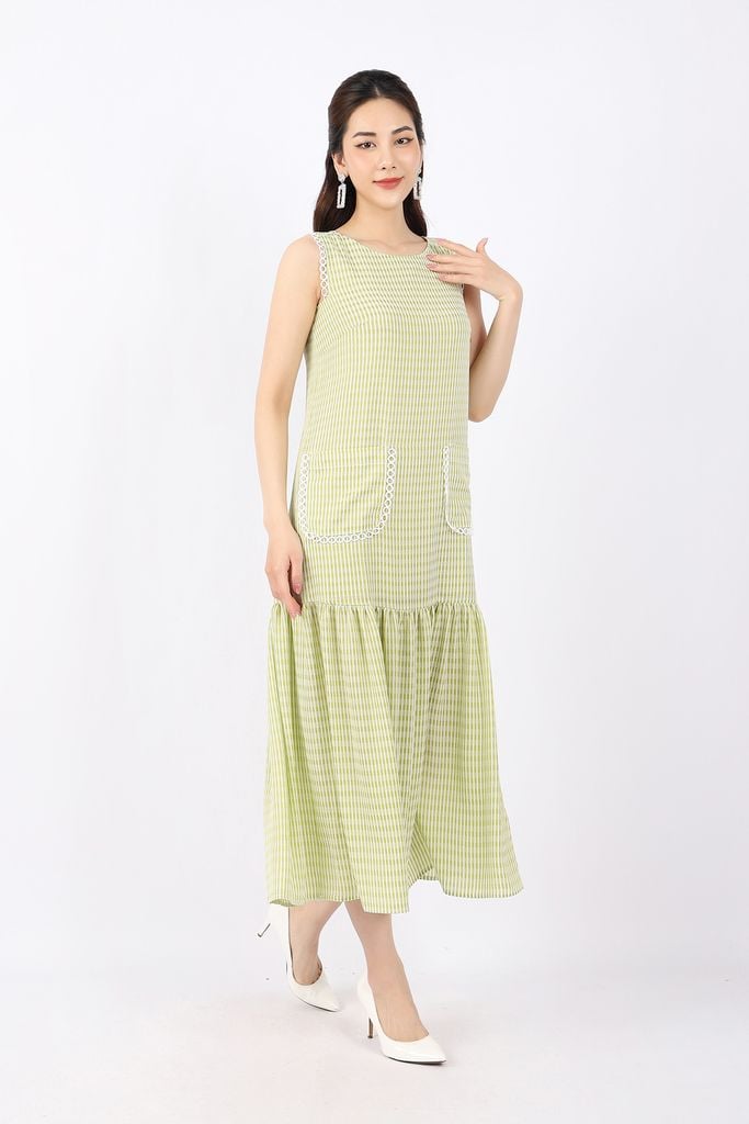 FDP33139 - Đầm dạo phố vải chiffon dáng Xoè cổ tròn viền vai và túi phối dây ren tạo kiểu - PANTIO