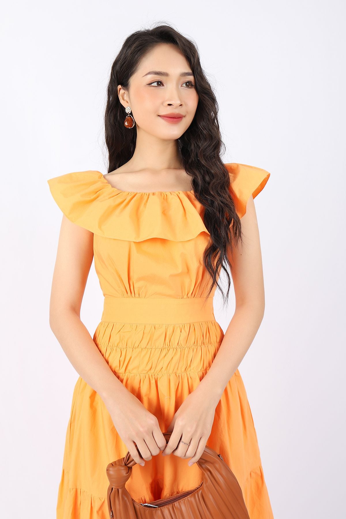 FDP33140 - Đầm dạo phố vải thô dáng Xoè cổ phối bèo bo chun eo xếp nhún co dãn khóa thân sau - PANTIO