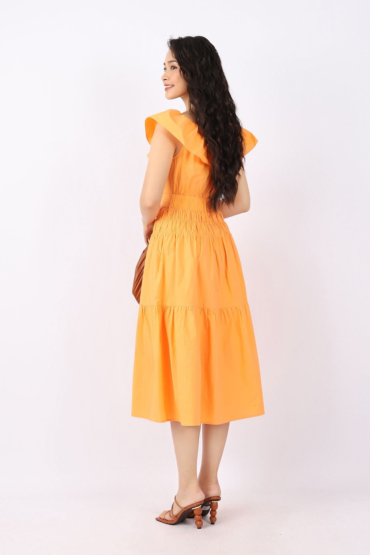 FDP33140 - Đầm dạo phố vải thô dáng Xoè cổ phối bèo bo chun eo xếp nhún co dãn khóa thân sau - PANTIO