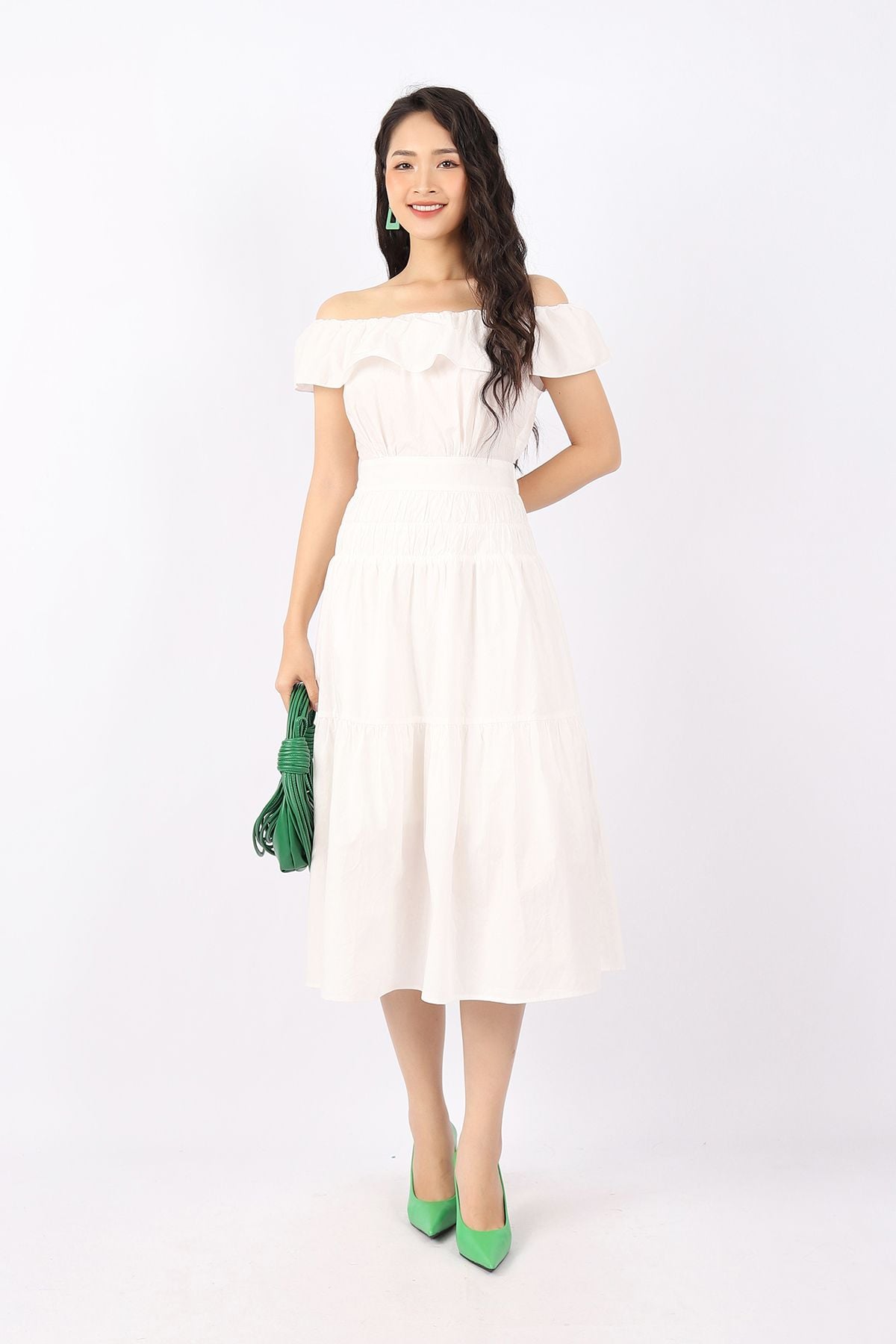 FDP33140 - Đầm dạo phố vải thô dáng Xoè cổ phối bèo bo chun eo xếp nhún co dãn khóa thân sau - PANTIO