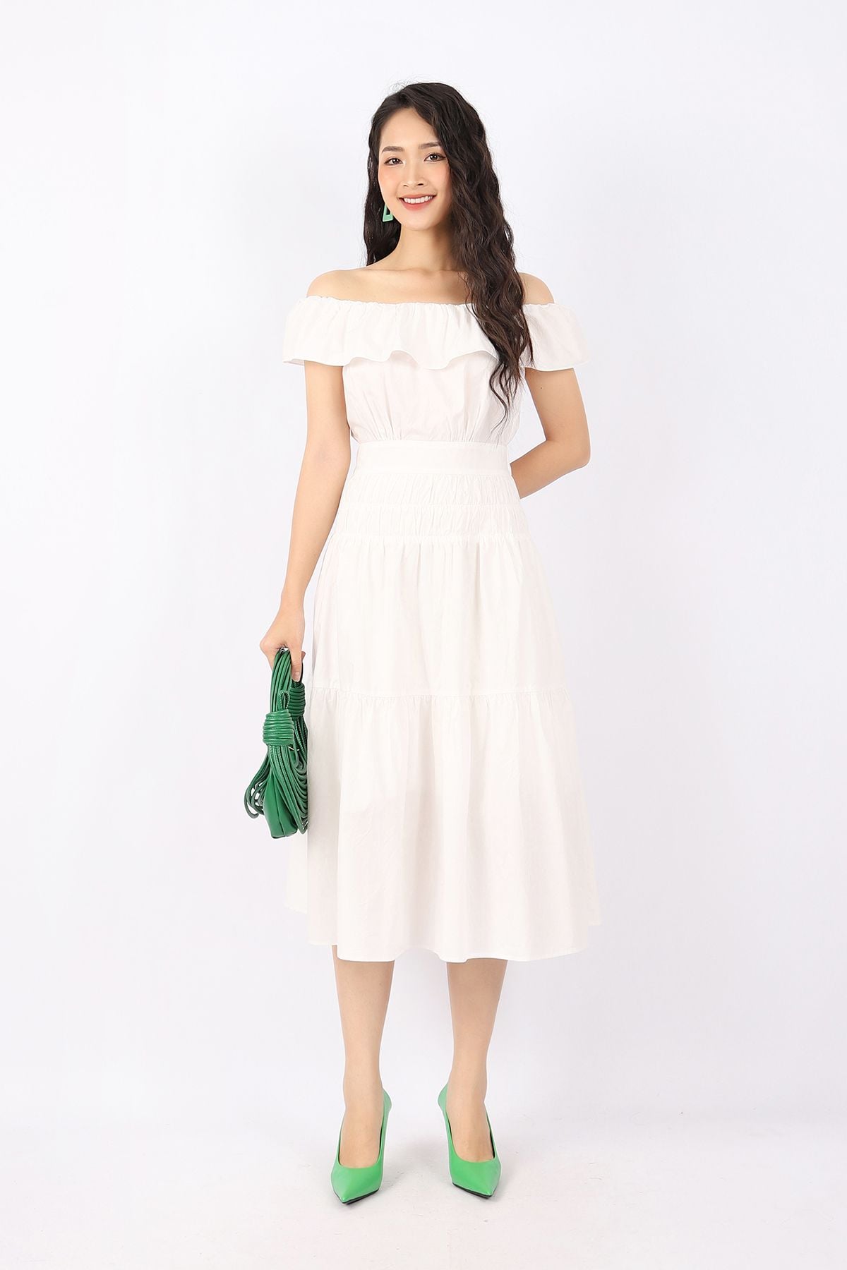 FDP33140 - Đầm dạo phố vải thô dáng Xoè cổ phối bèo bo chun eo xếp nhún co dãn khóa thân sau - PANTIO