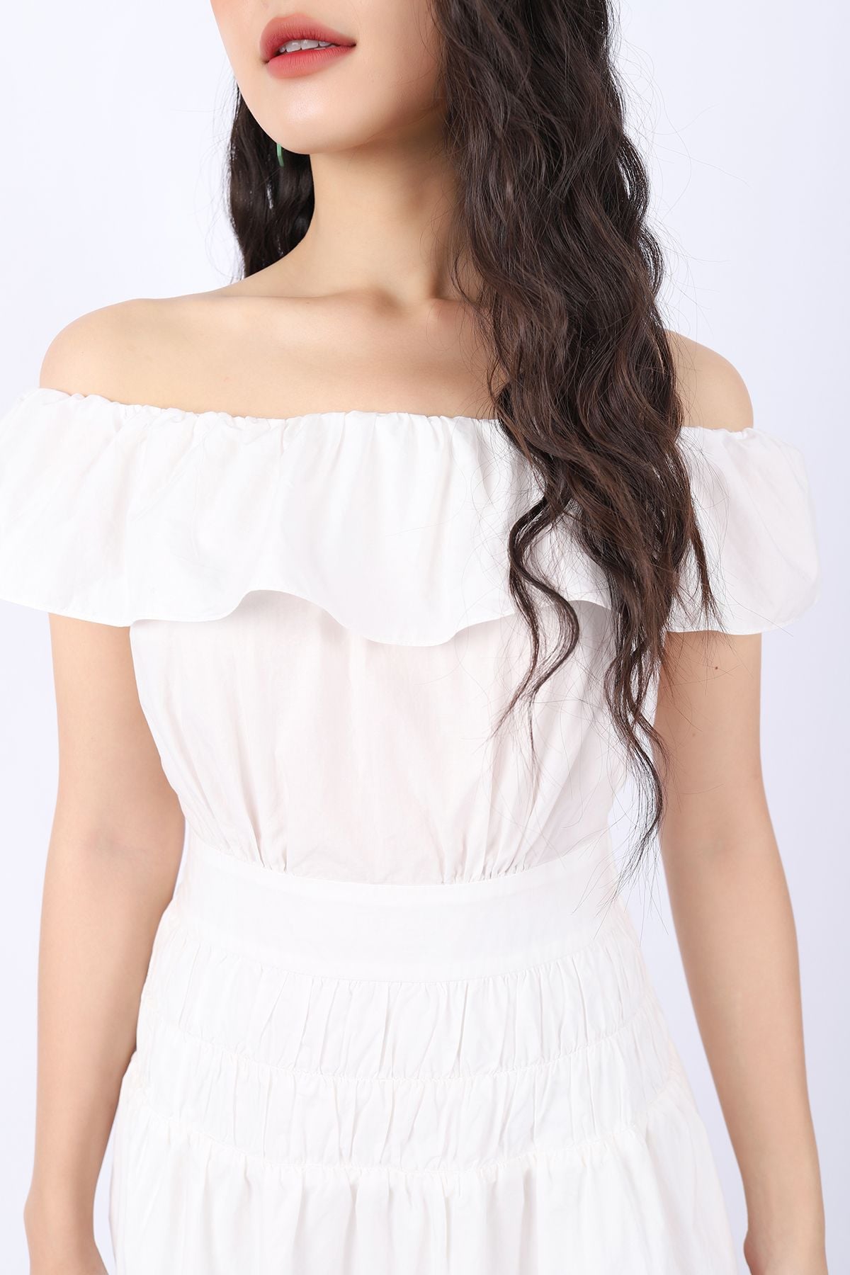 FDP33140 - Đầm dạo phố vải thô dáng Xoè cổ phối bèo bo chun eo xếp nhún co dãn khóa thân sau - PANTIO