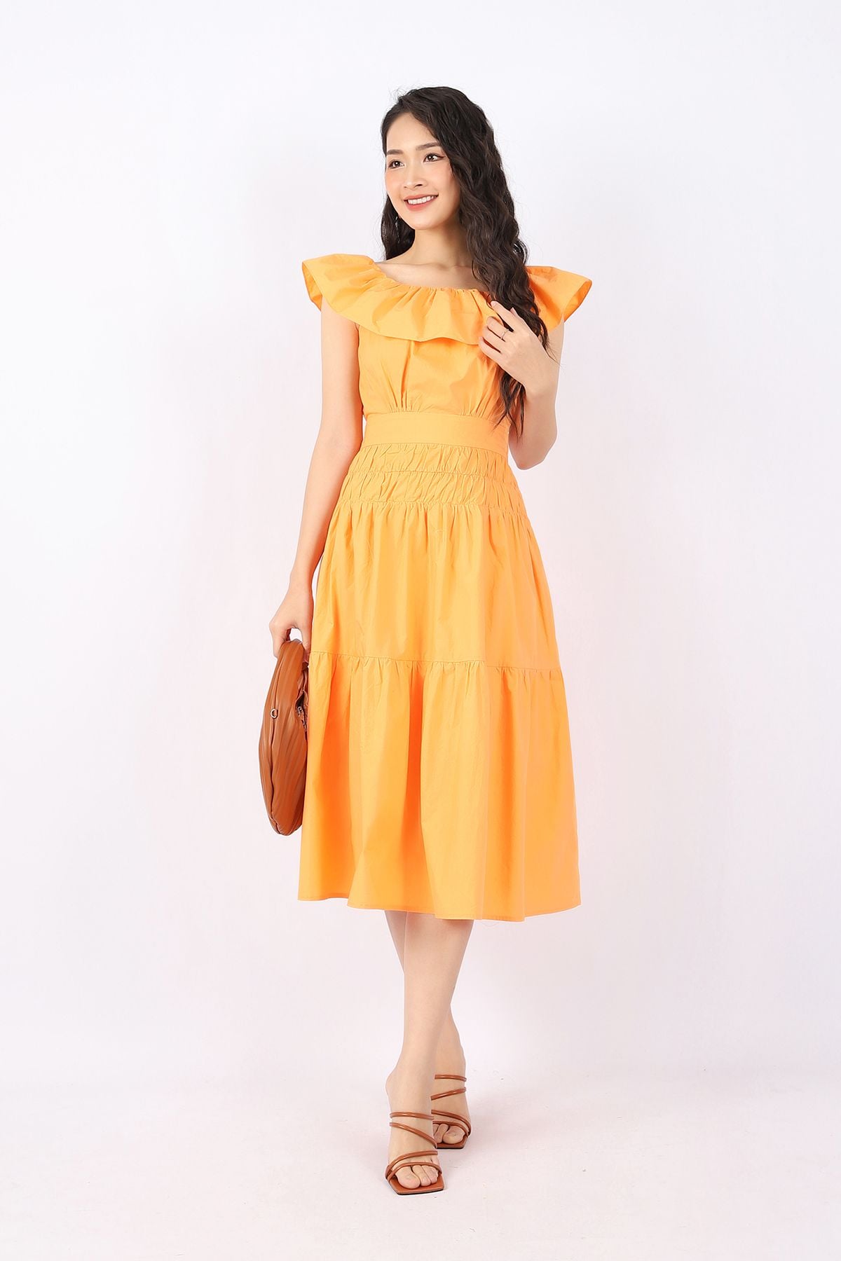 FDP33140 - Đầm dạo phố vải thô dáng Xoè cổ phối bèo bo chun eo xếp nhún co dãn khóa thân sau - PANTIO