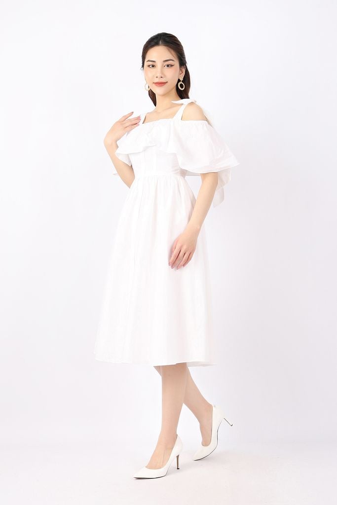 FDP33147 - Đầm dạo phố vải thô dáng Xoè vai ngang đổ bèo đính nơ một bên vai trang trí - PANTIO