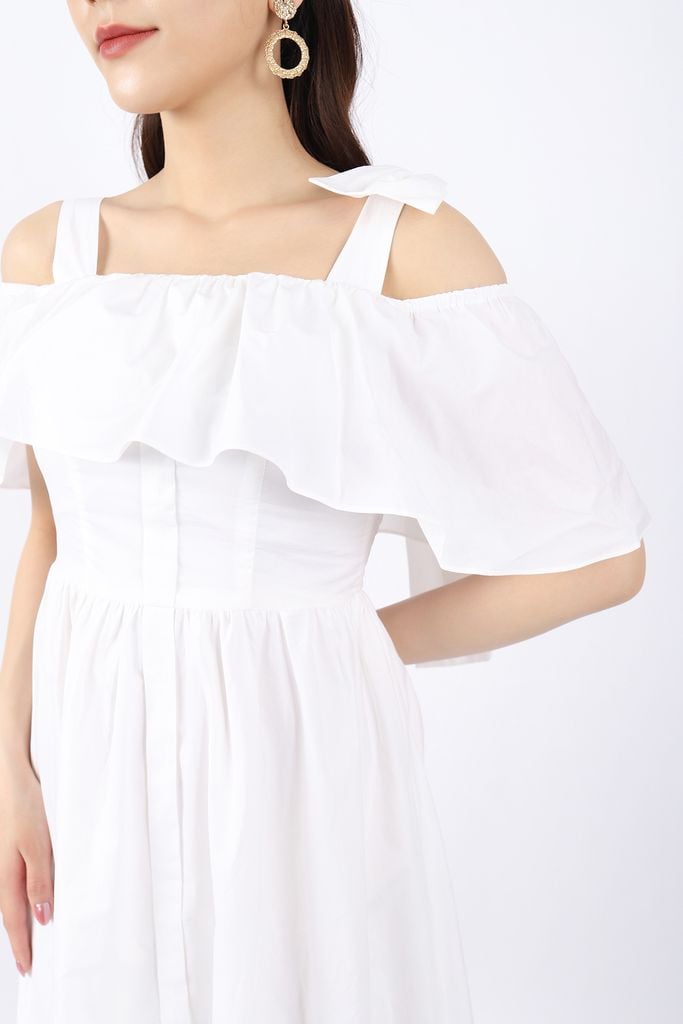 FDP33147 - Đầm dạo phố vải thô dáng Xoè vai ngang đổ bèo đính nơ một bên vai trang trí - PANTIO